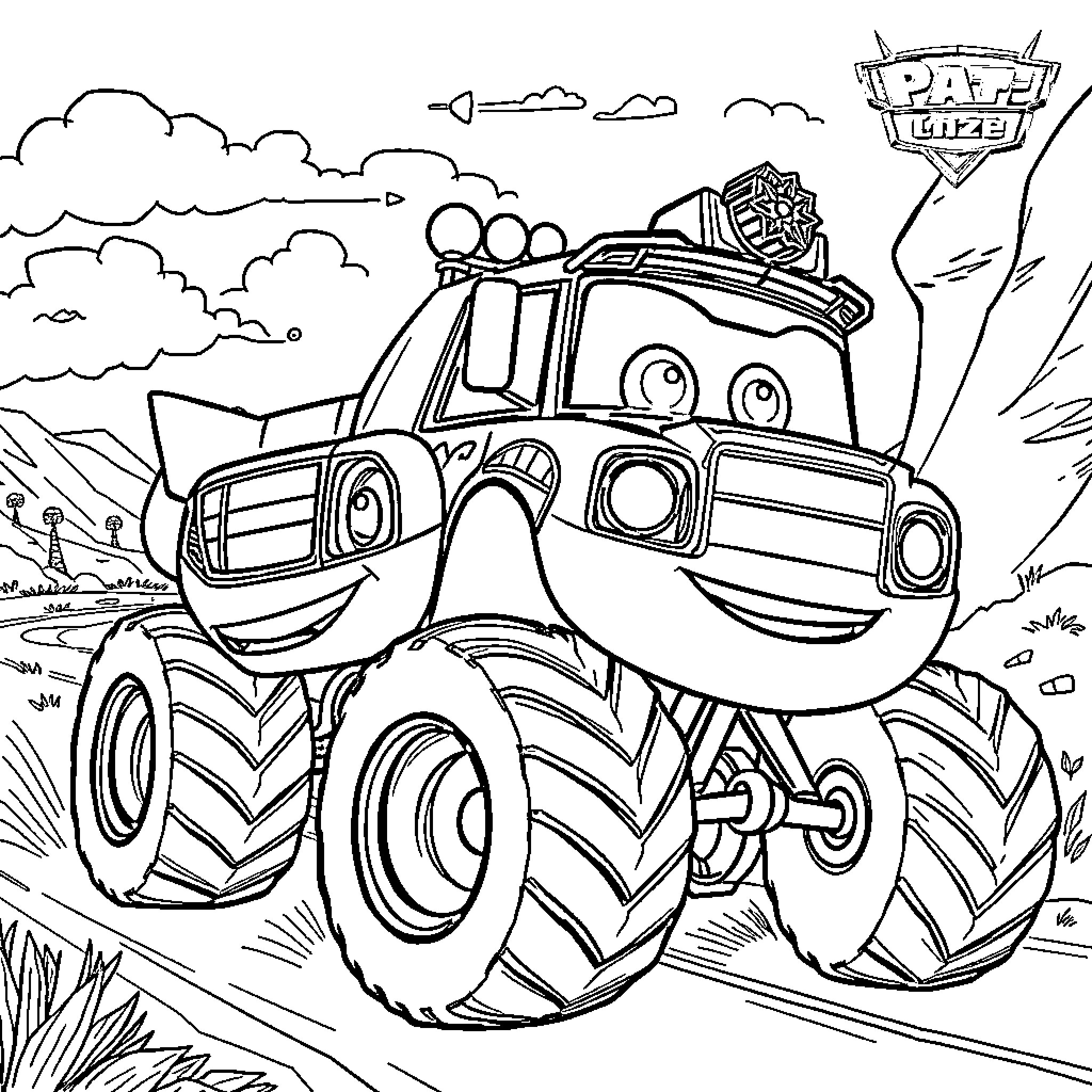 Pat's Monster Truck Adventure Coloring Page (free black-and-white line drawing printable PDF for all, from beginners to advanced learners, including children, teens, adults, and seniors)