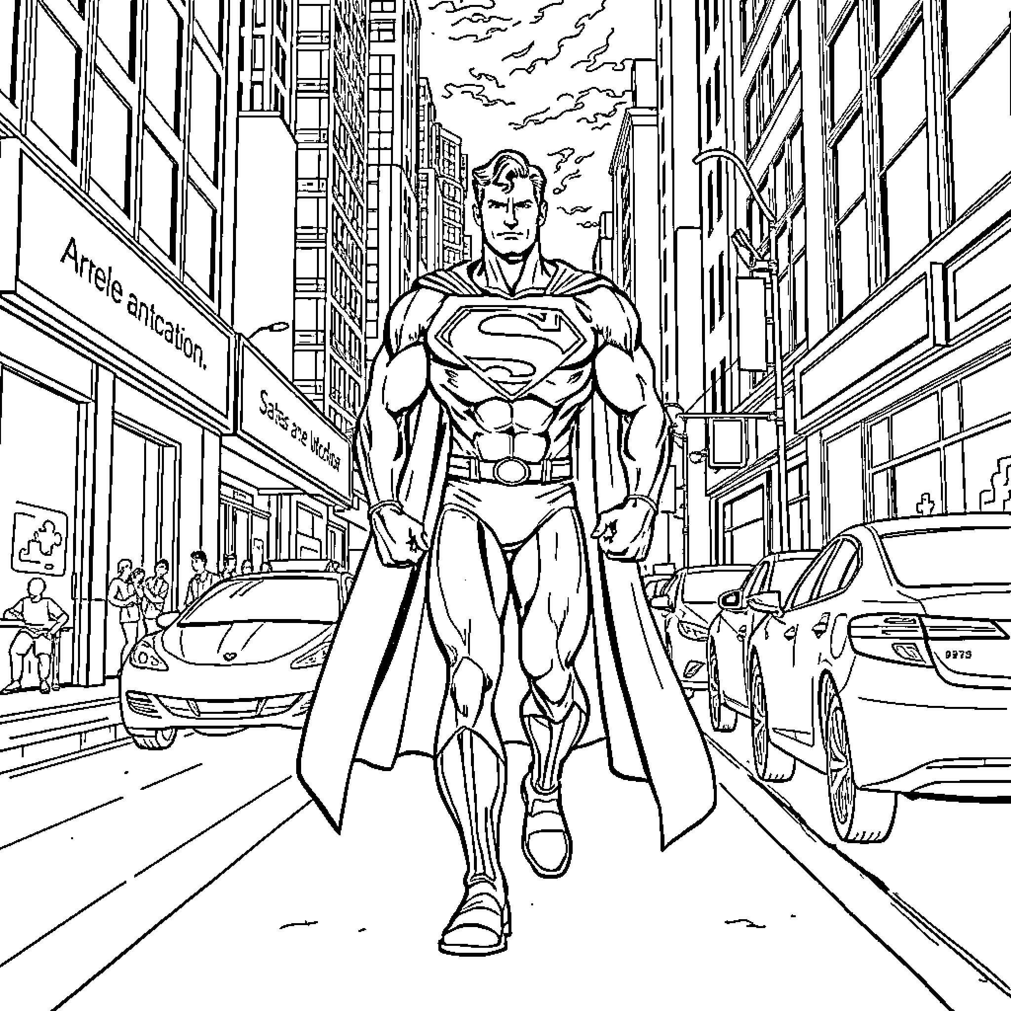 Superman heroically walking through the city streets Coloring Page (free black-and-white line drawing printable PDF for all, from beginners to advanced learners, including children, teens, adults, and seniors)