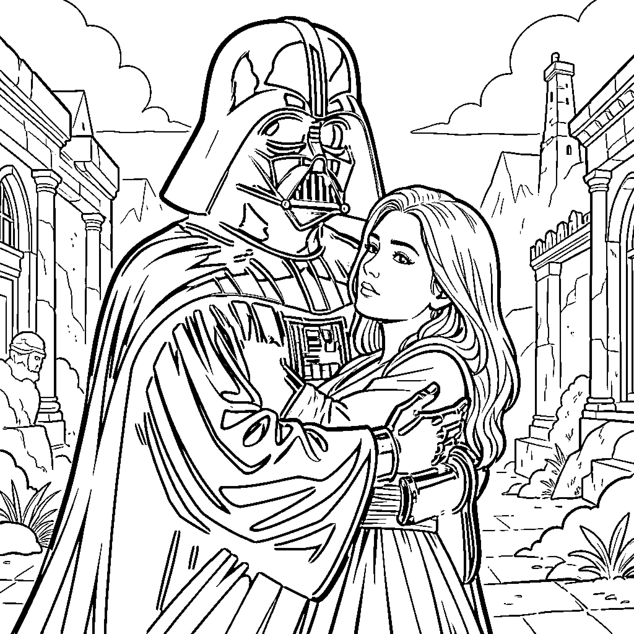 Darth Vader embracing a young girl in ancient ruins Coloring Page (free black-and-white line drawing printable PDF for all, from beginners to advanced learners, including children, teens, adults, and seniors)