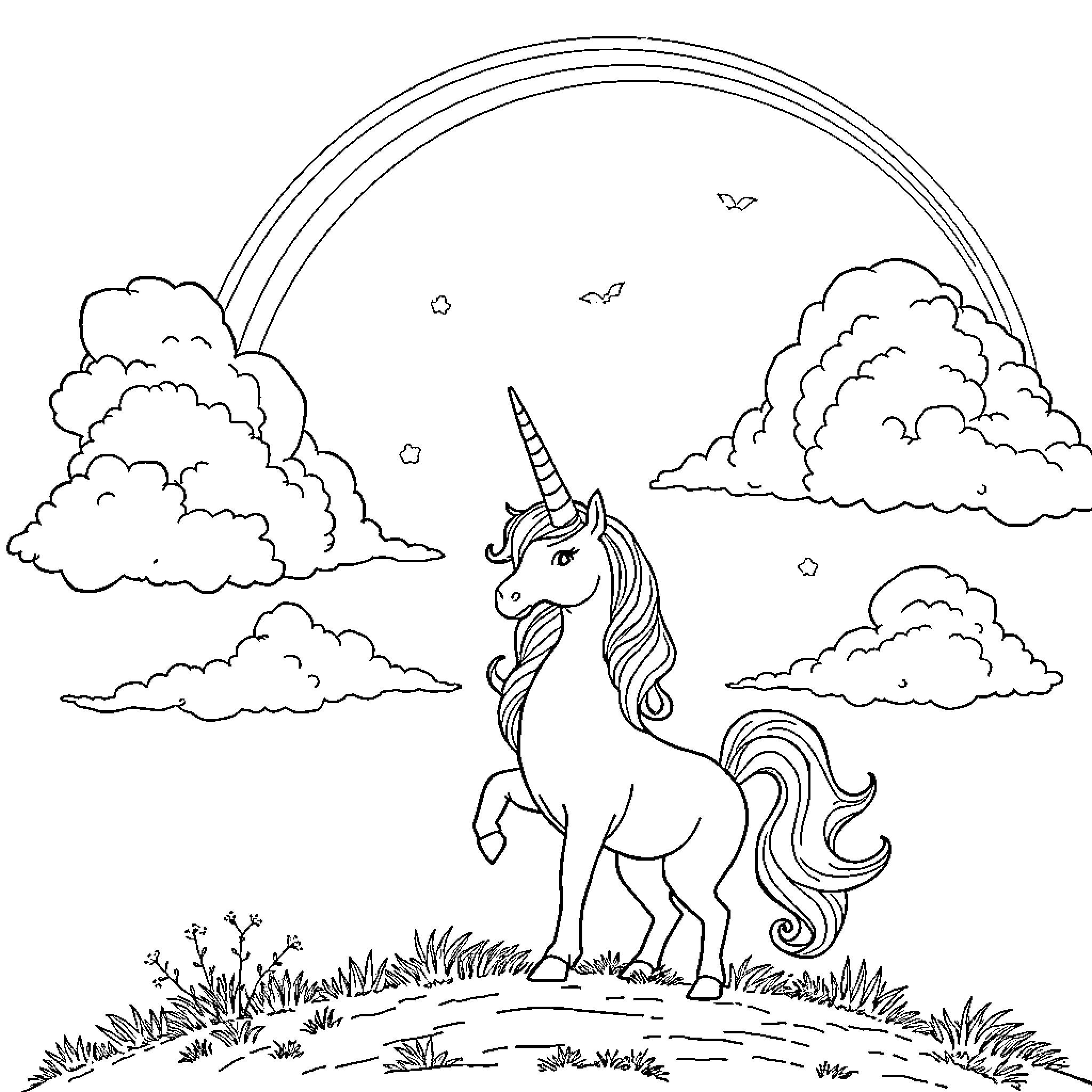 Unicorn enjoying a magical meadow with clouds Coloring Page (free black-and-white line drawing printable PDF for all, from beginners to advanced learners, including children, teens, adults, and seniors)