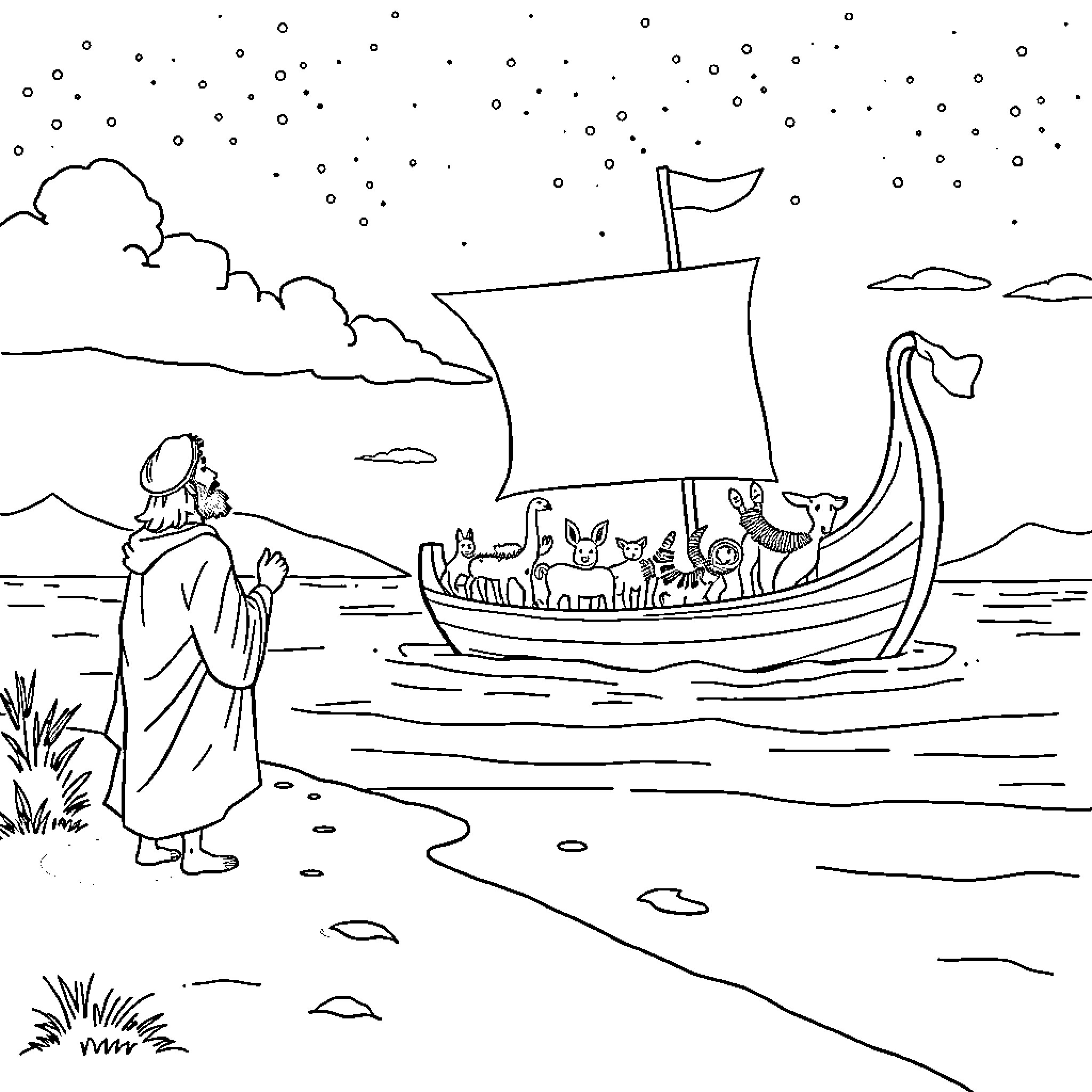 Abraham's Journey on the Ship with Companions Coloring Page (free black-and-white line drawing printable PDF for all, from beginners to advanced learners, including children, teens, adults, and seniors)