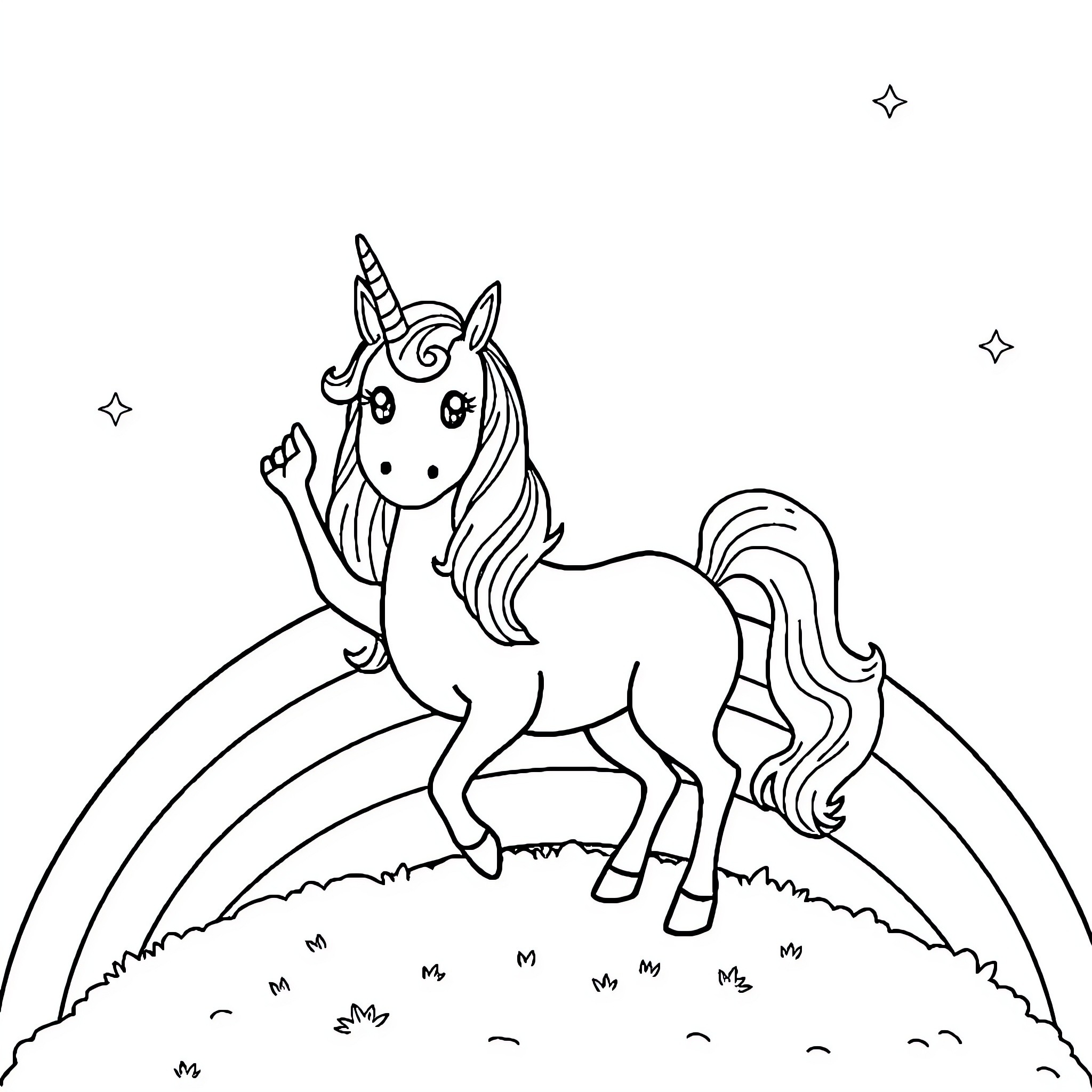 Unicorn playfully dancing on a rainbow Coloring Page (free black-and-white line drawing printable PDF for all, from beginners to advanced learners, including children, teens, adults, and seniors)