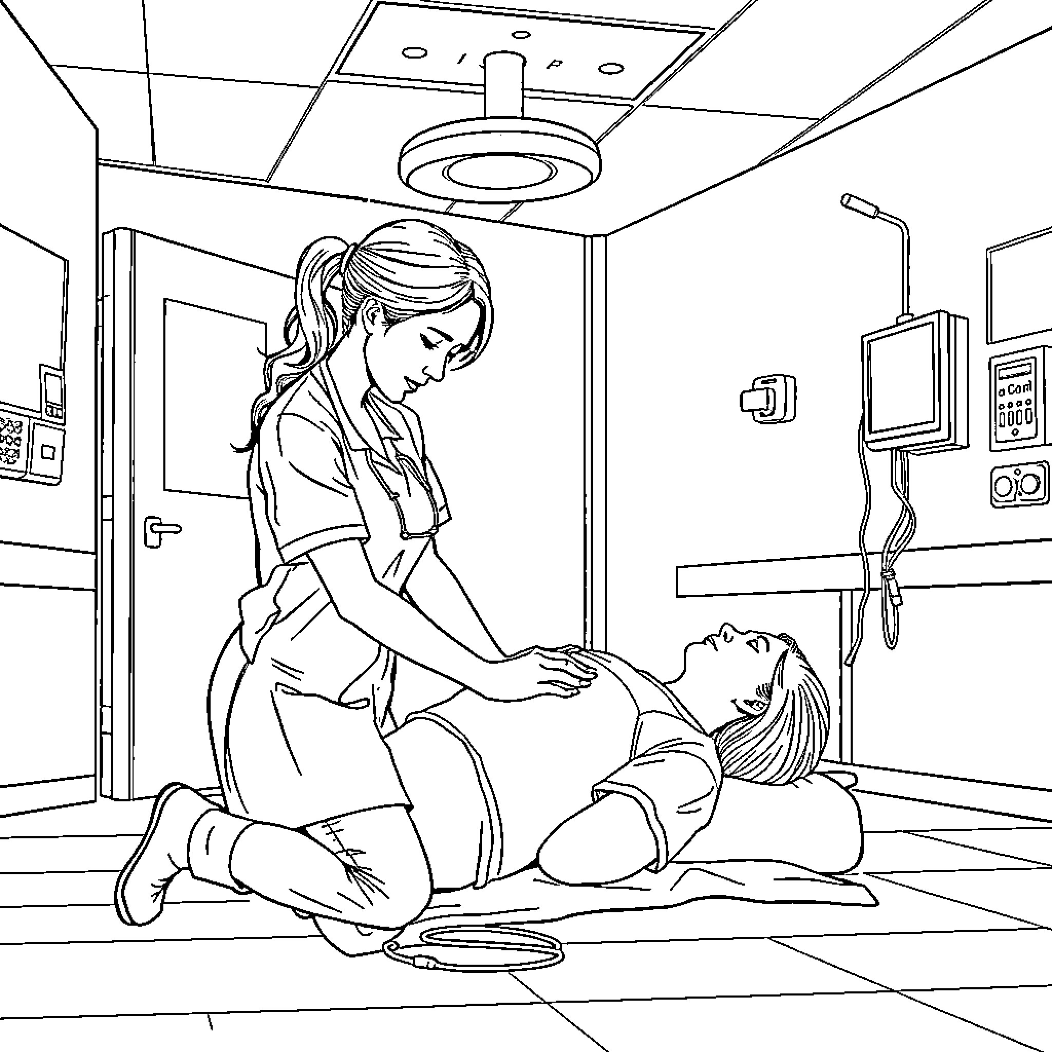 Nurse providing care to patient in medical setting Coloring Page (free black-and-white line drawing printable PDF for all, from beginners to advanced learners, including children, teens, adults, and seniors)