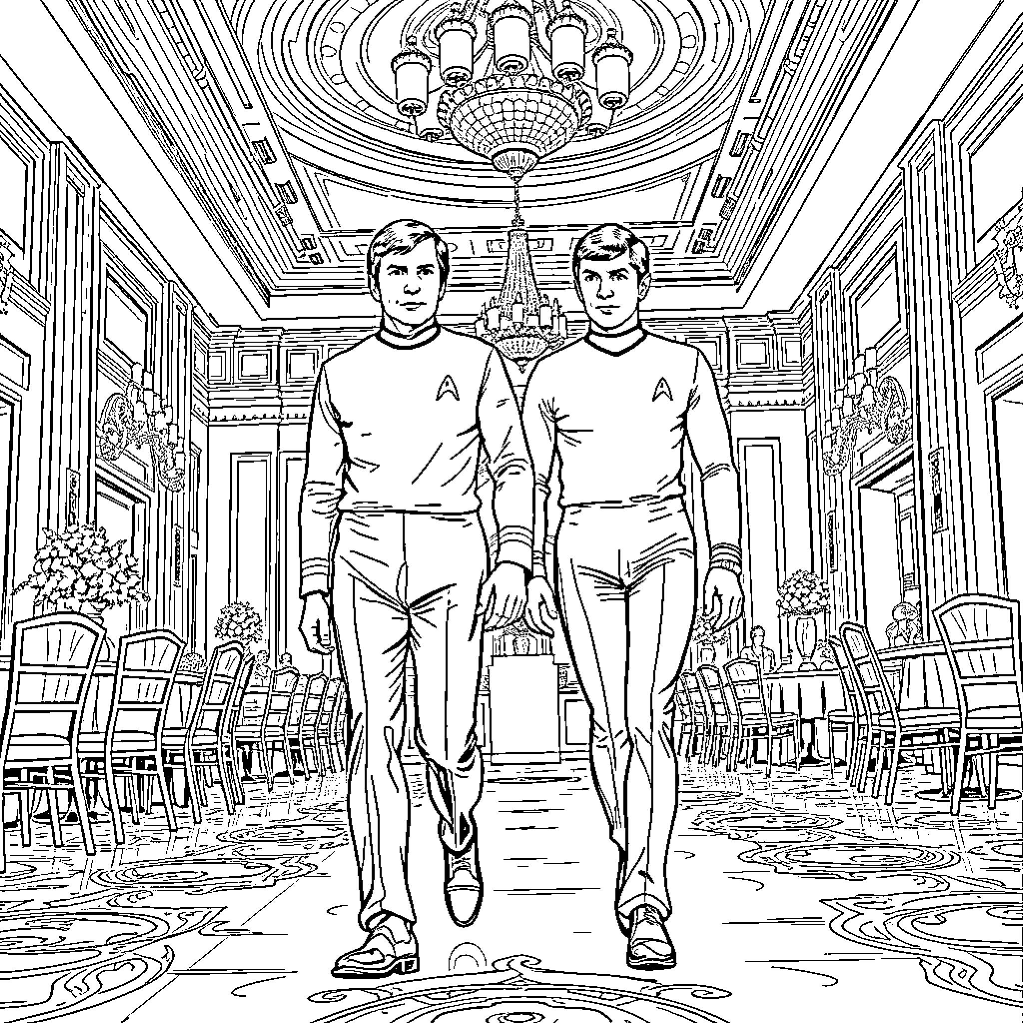 Captain Kirk and Spock walk through grandiose starship interior Coloring Page (free black-and-white line drawing printable PDF for all, from beginners to advanced learners, including children, teens, adults, and seniors)