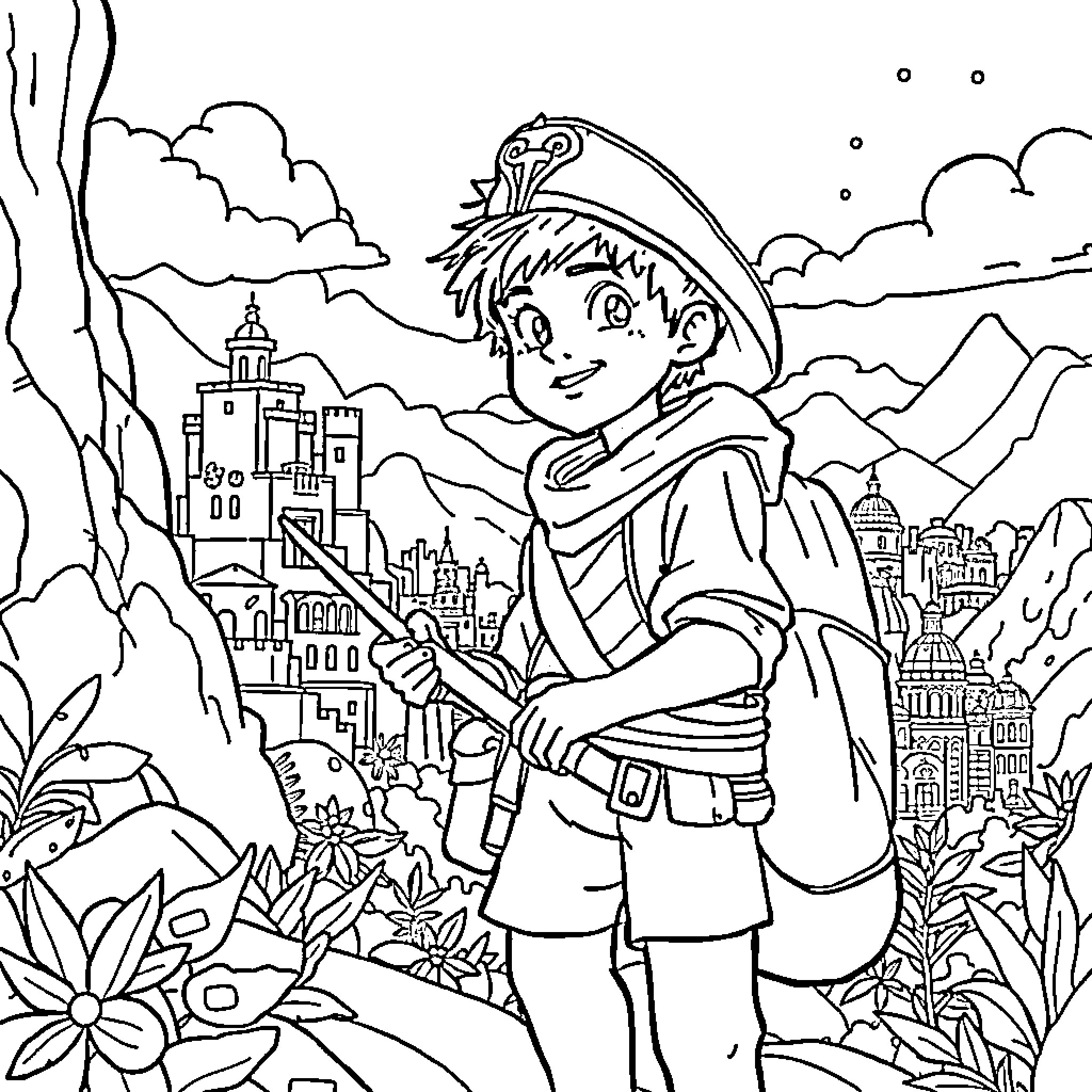 Esteban's Adventurous Exploration of the City Coloring Page (free black-and-white line drawing printable PDF for all, from beginners to advanced learners, including children, teens, adults, and seniors)