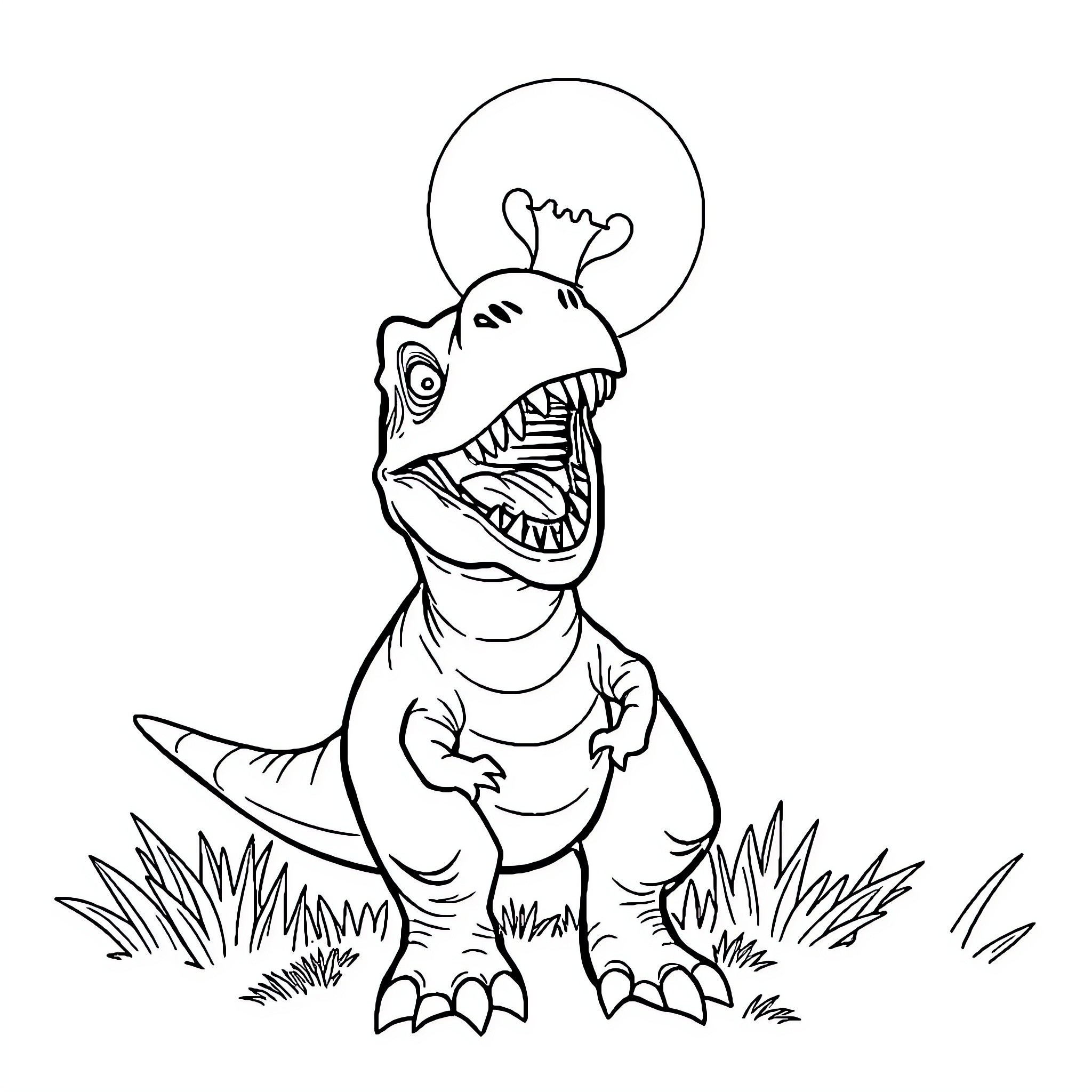 Dinosaur with wide open mouth in field Coloring Page (free black-and-white line drawing printable PDF for all, from beginners to advanced learners, including children, teens, adults, and seniors)