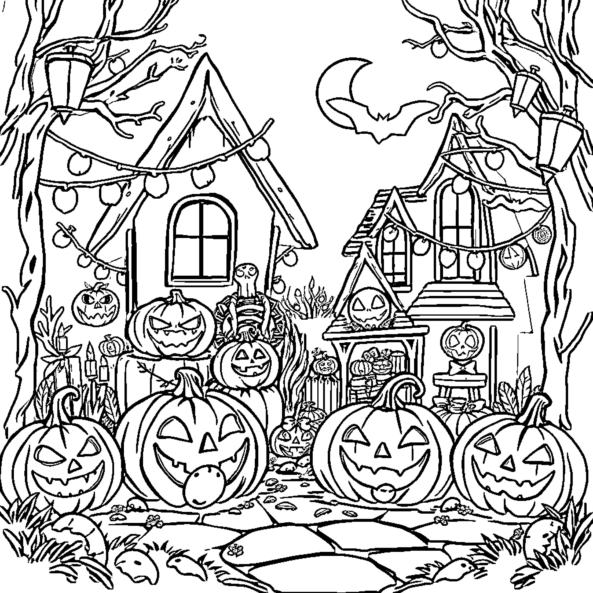 Halloween Haunted House Scene with Jack-o'-lanterns Coloring Page (free black-and-white line drawing printable PDF for all, from beginners to advanced learners, including children, teens, adults, and seniors)