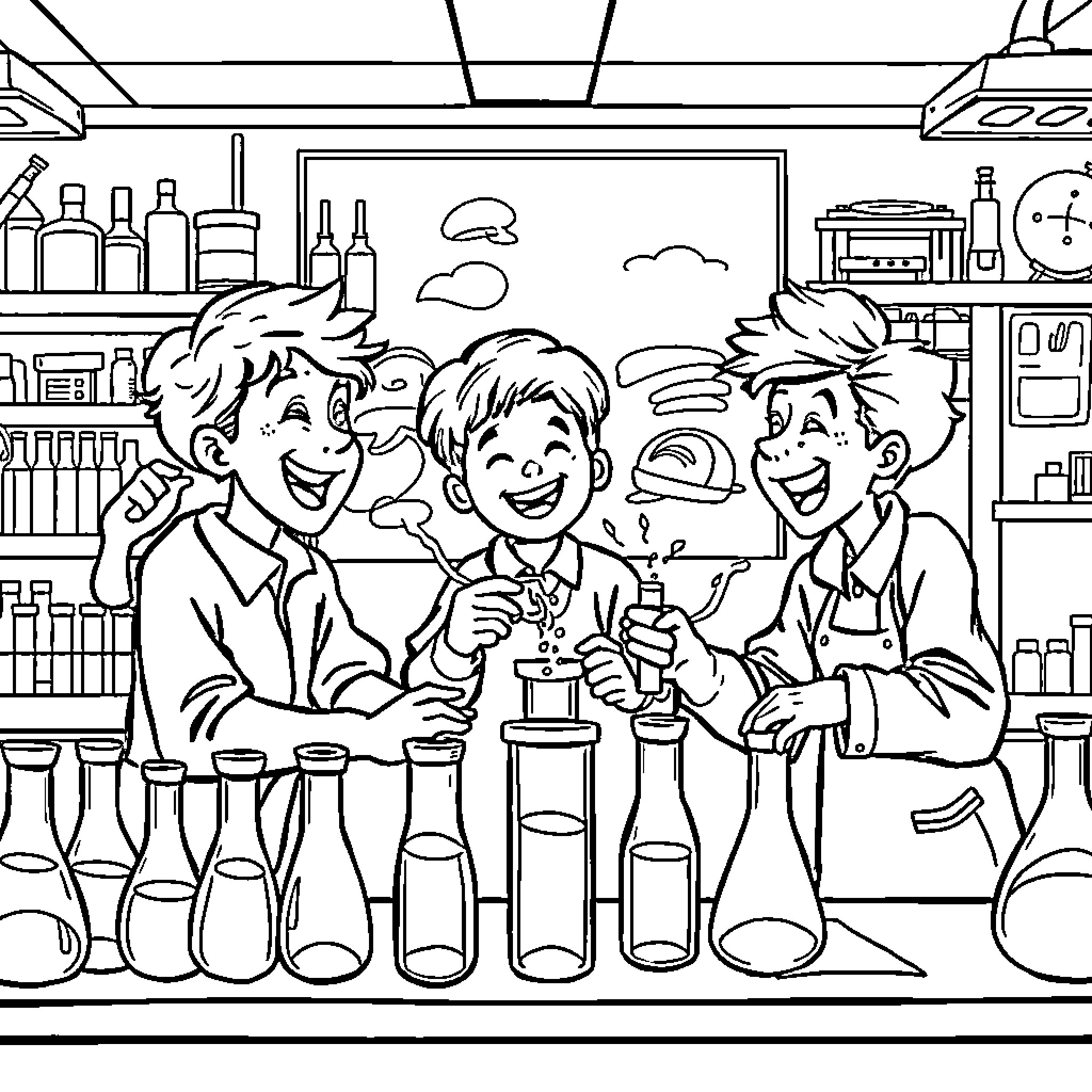 Students Enthusiastically Experimenting in Science Lab Coloring Page (free black-and-white line drawing printable PDF for all, from beginners to advanced learners, including children, teens, adults, and seniors)