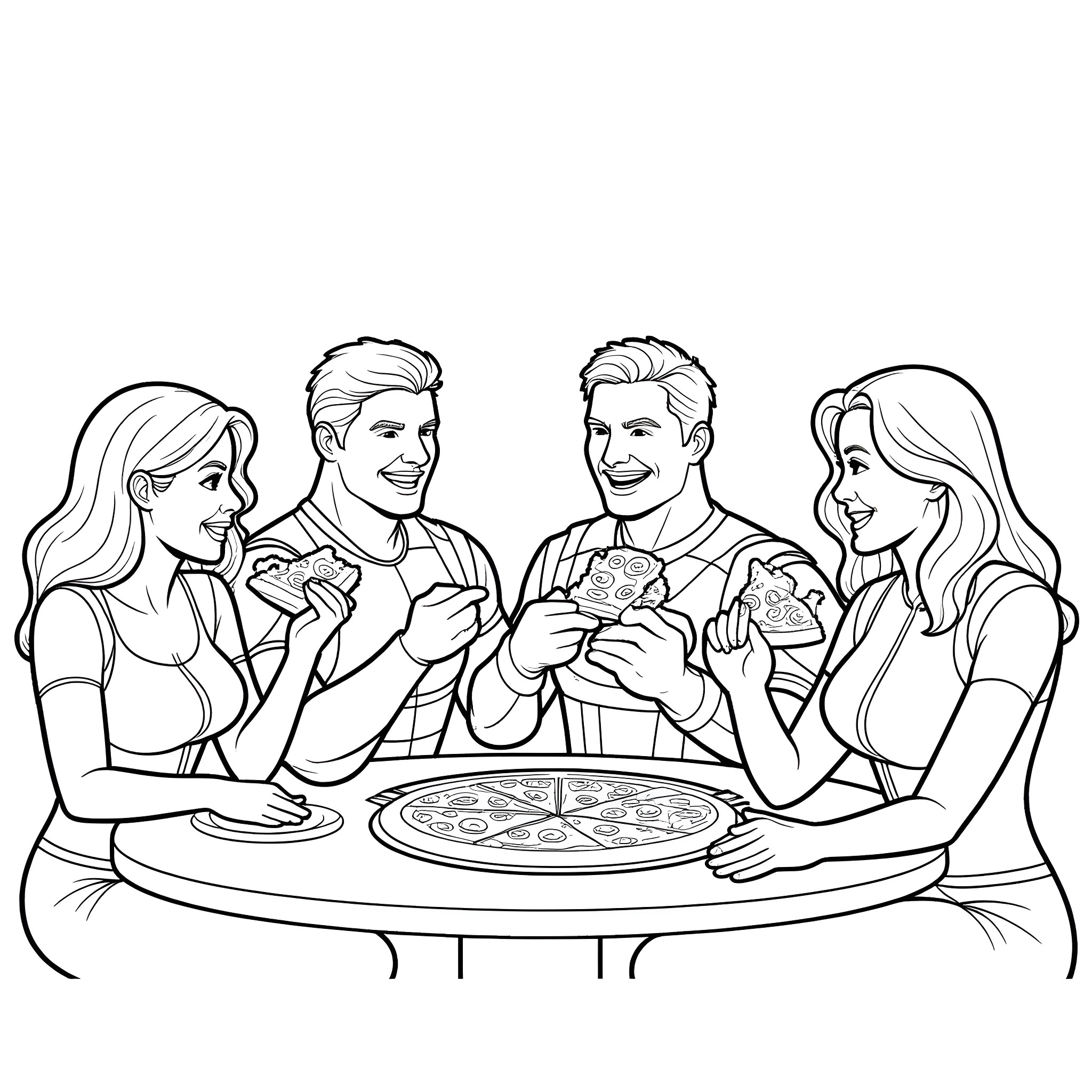 Avengers Enjoy a Delightful Meal Together Coloring Page (free black-and-white line drawing printable PDF for all, from beginners to advanced learners, including children, teens, adults, and seniors)