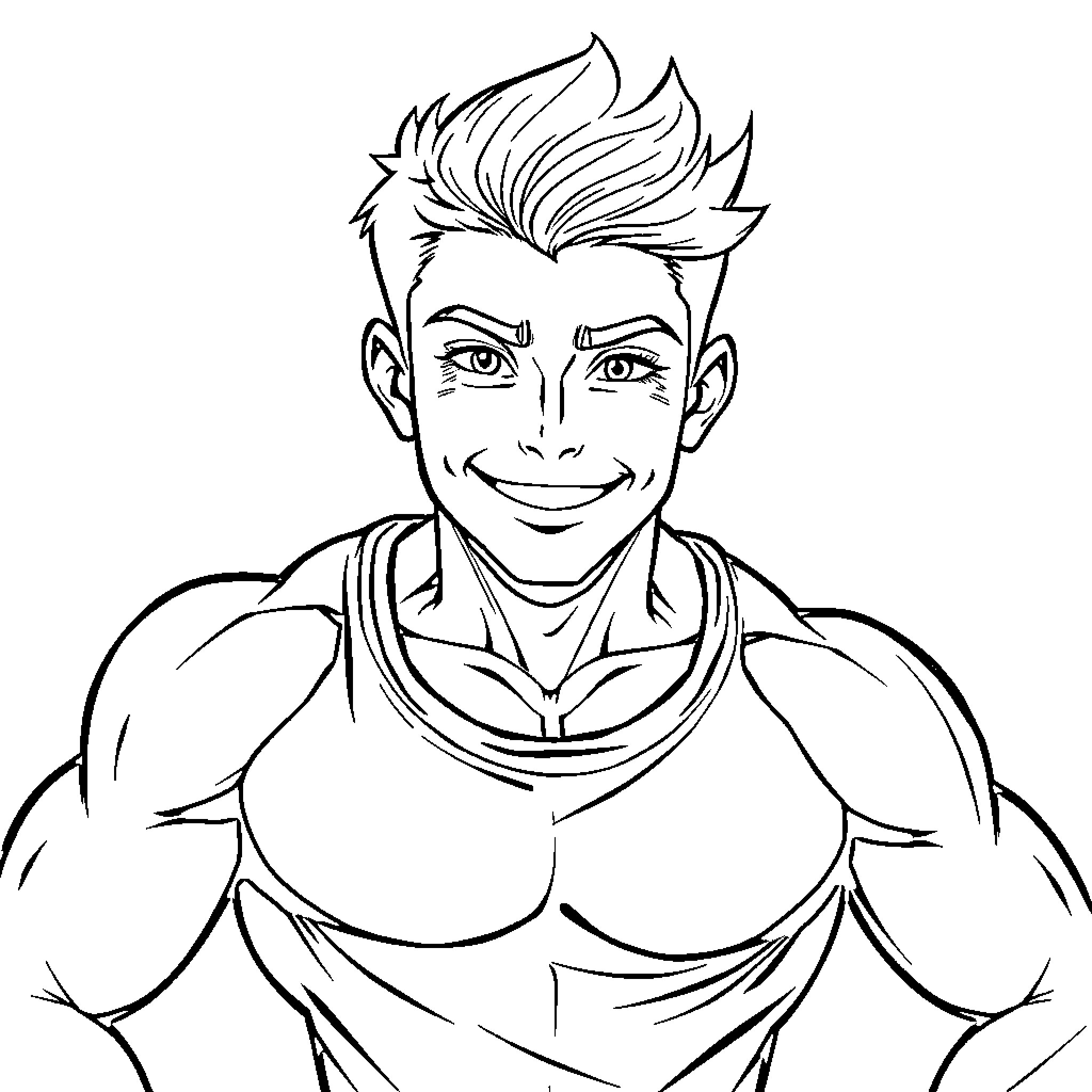 Teenage Boy with Muscular Physique and Confident Expression Coloring Page (free black-and-white line drawing printable PDF for all, from beginners to advanced learners, including children, teens, adults, and seniors)