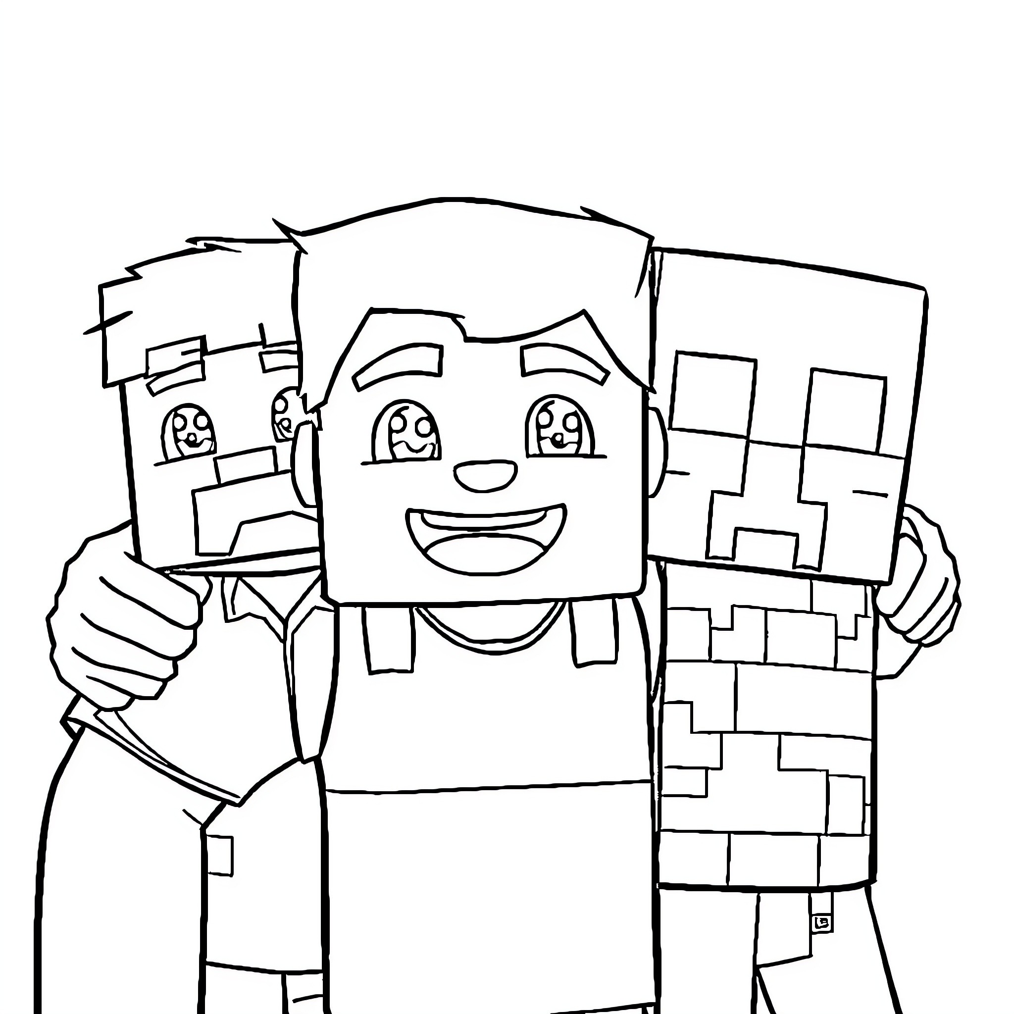 Minecraft Characters in a Happy Group Coloring Page (free black-and-white line drawing printable PDF for all, from beginners to advanced learners, including children, teens, adults, and seniors)