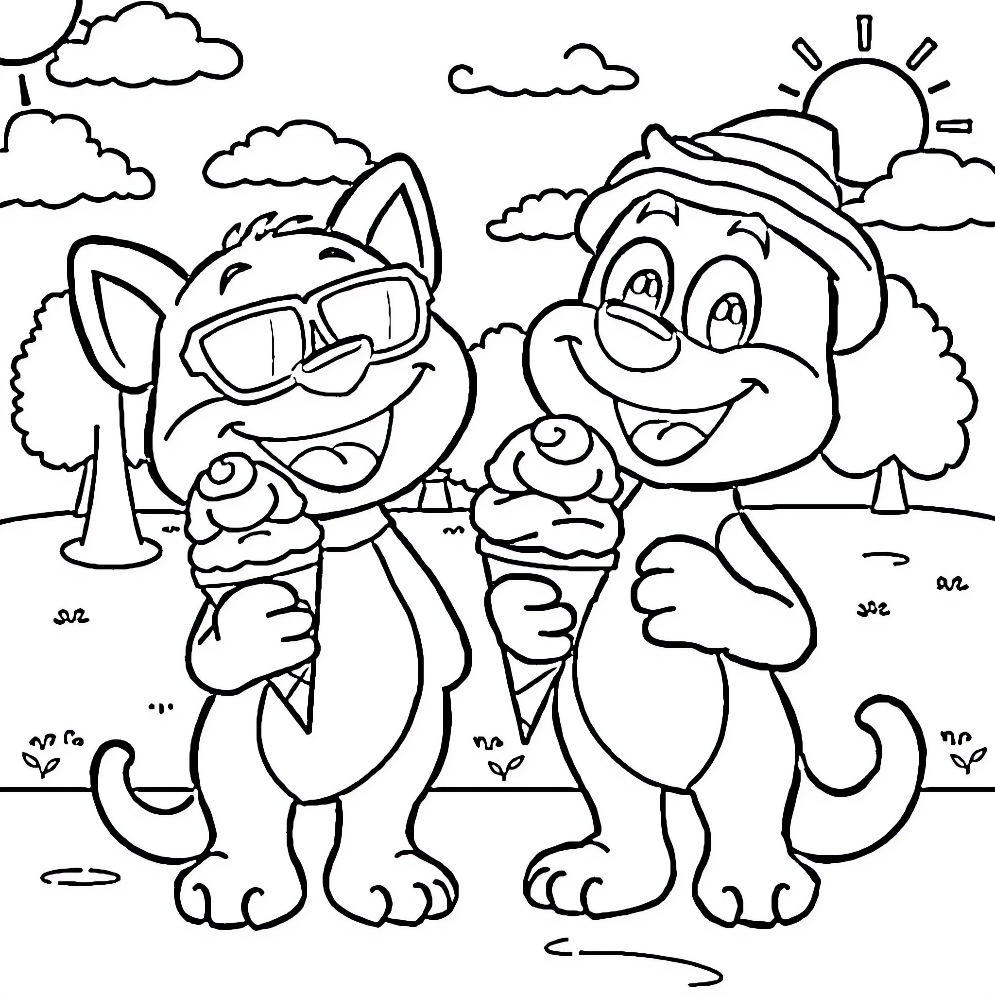 Bluey and friend enjoying ice cream on a sunny day Coloring Page (free black-and-white line drawing printable PDF for all, from beginners to advanced learners, including children, teens, adults, and seniors)