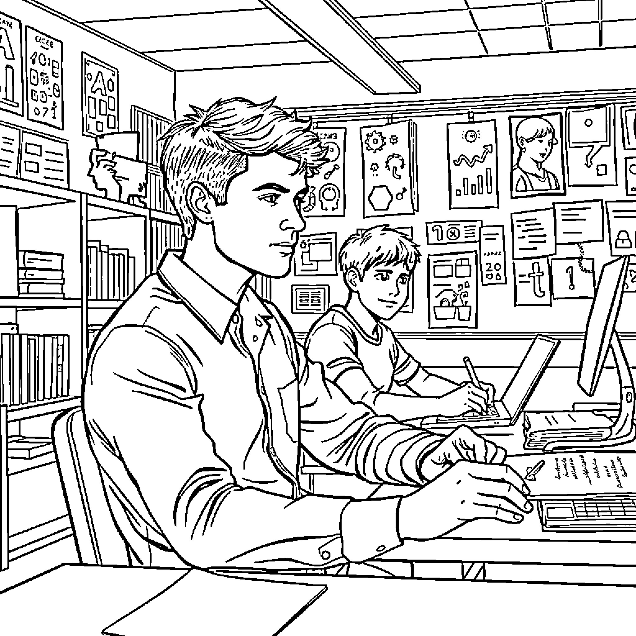 Man and boy working on computers in classroom Coloring Page (free black-and-white line drawing printable PDF for all, from beginners to advanced learners, including children, teens, adults, and seniors)