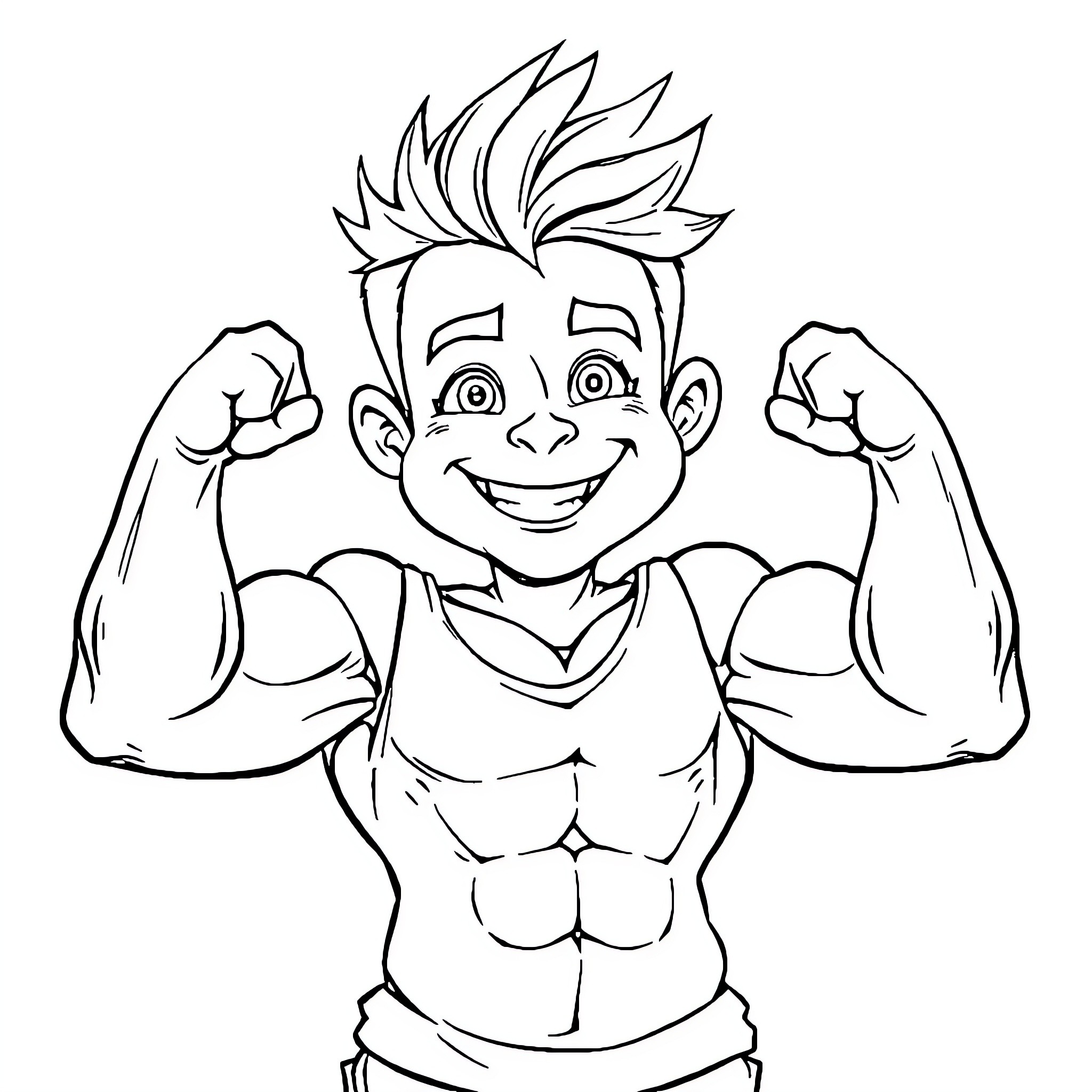 Kid flexing his muscles with confidence Coloring Page (free black-and-white line drawing printable PDF for all, from beginners to advanced learners, including children, teens, adults, and seniors)