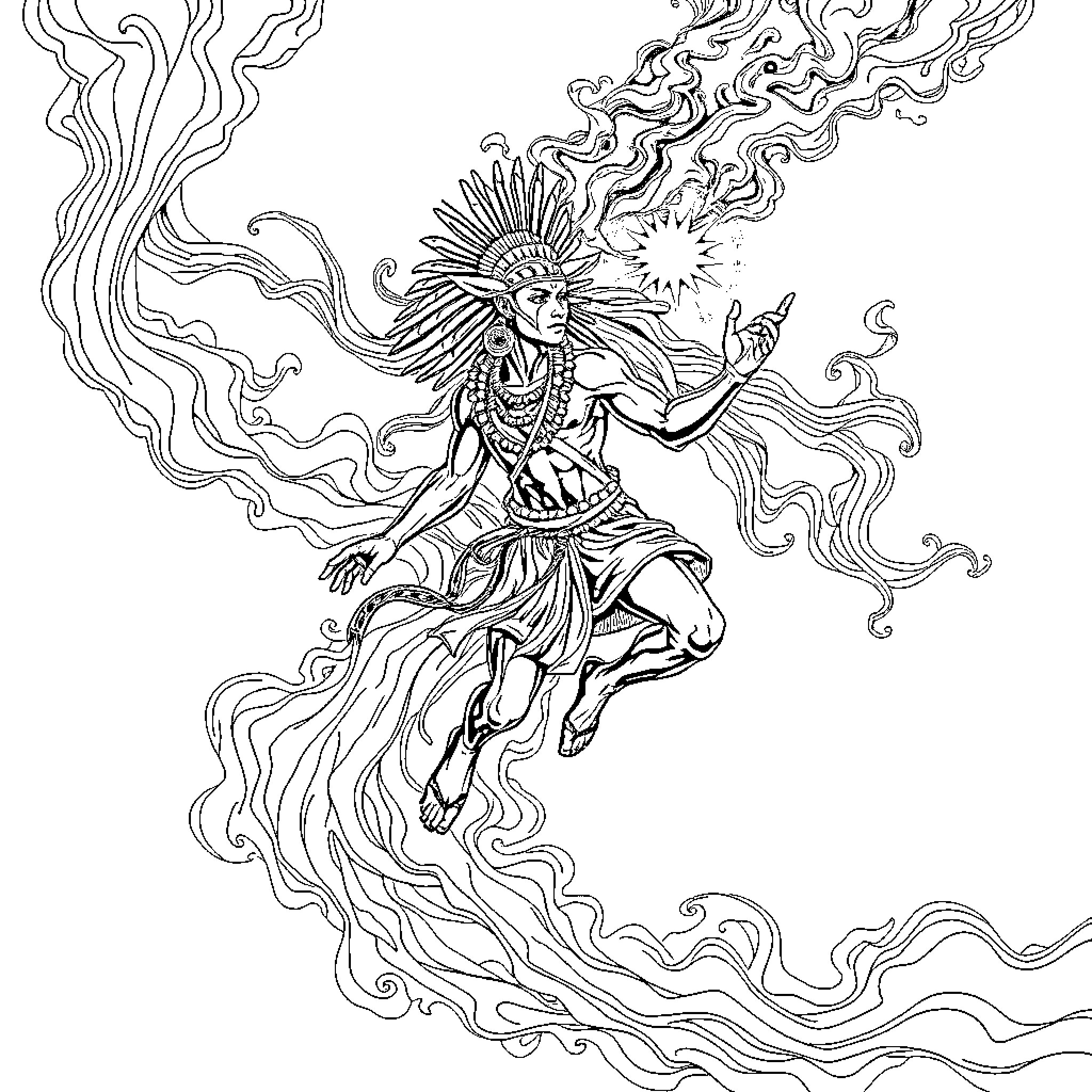 Warrior deity in mystical dance Coloring Page (free black-and-white line drawing printable PDF for all, from beginners to advanced learners, including children, teens, adults, and seniors)