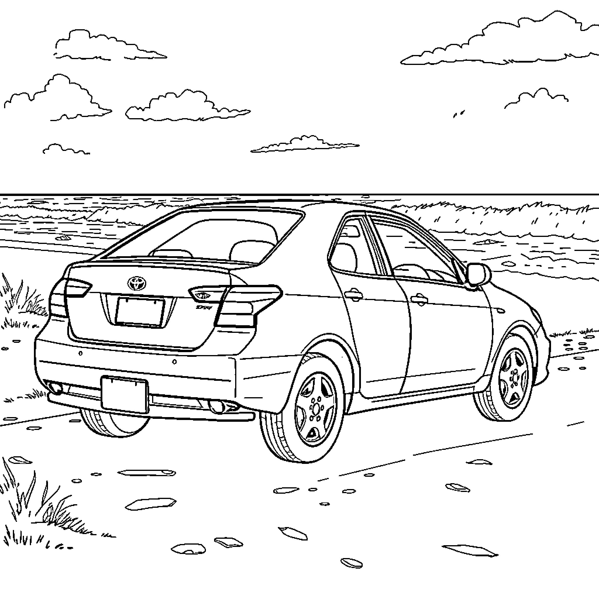 Car parked by the beach on a cloudy day Coloring Page (free black-and-white line drawing printable PDF for all, from beginners to advanced learners, including children, teens, adults, and seniors)