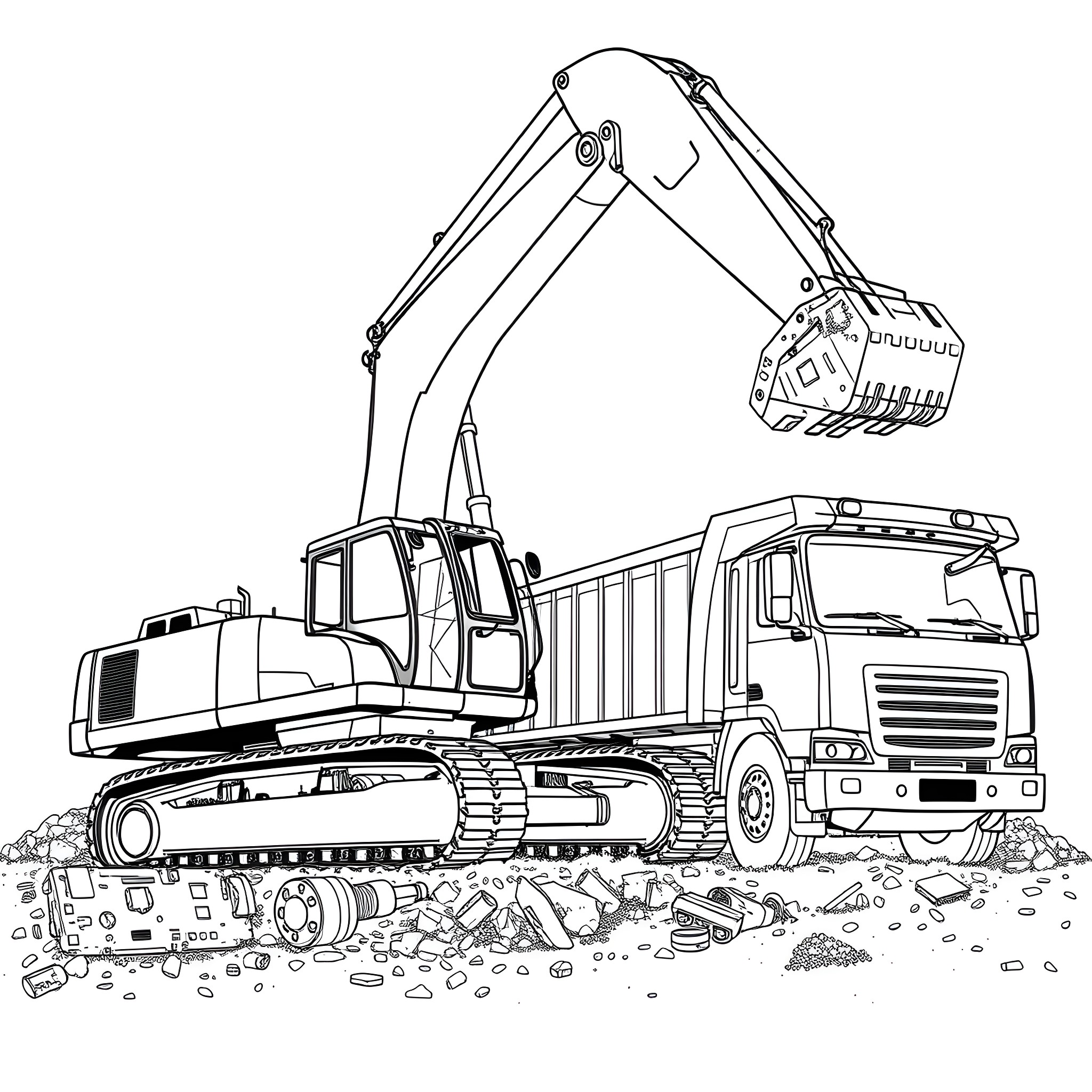 Excavator loading construction materials onto a truck Coloring Page (free black-and-white line drawing printable PDF for all, from beginners to advanced learners, including children, teens, adults, and seniors)