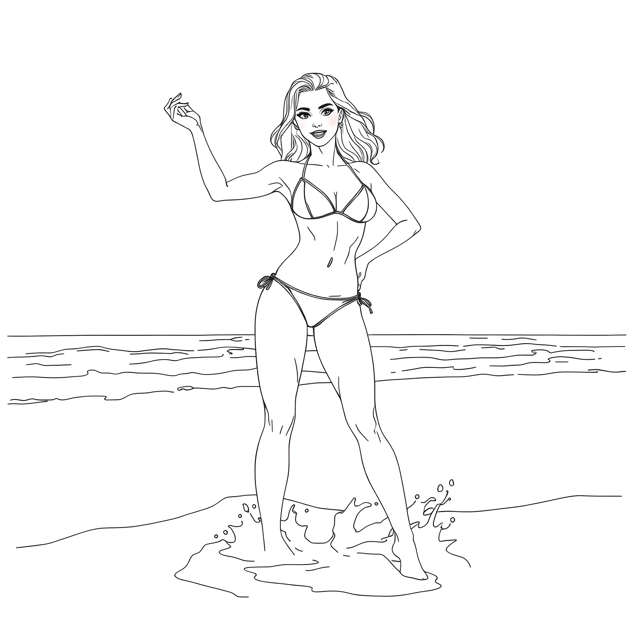 Babe poses confidently by the waves Coloring Page (free black-and-white line drawing printable PDF for all, from beginners to advanced learners, including children, teens, adults, and seniors)