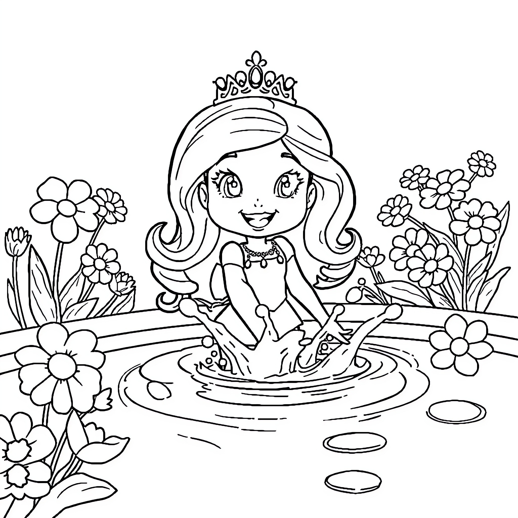 Princess Enjoying Nature's Beauty in Flower Garden Coloring Page (free black-and-white line drawing printable PDF for all, from beginners to advanced learners, including children, teens, adults, and seniors)