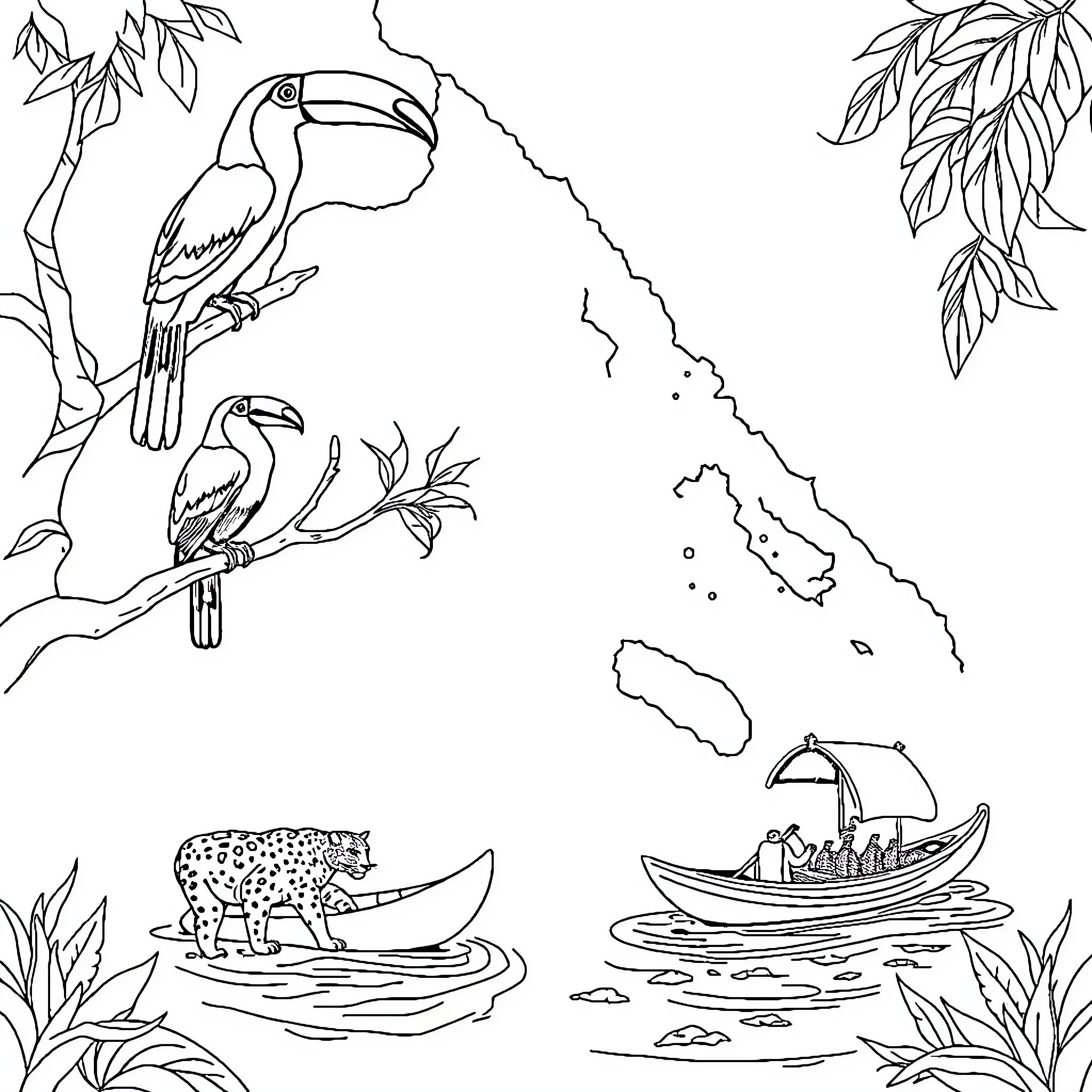 Toucan pair perched among tropical foliage Coloring Page (free black-and-white line drawing printable PDF for all, from beginners to advanced learners, including children, teens, adults, and seniors)