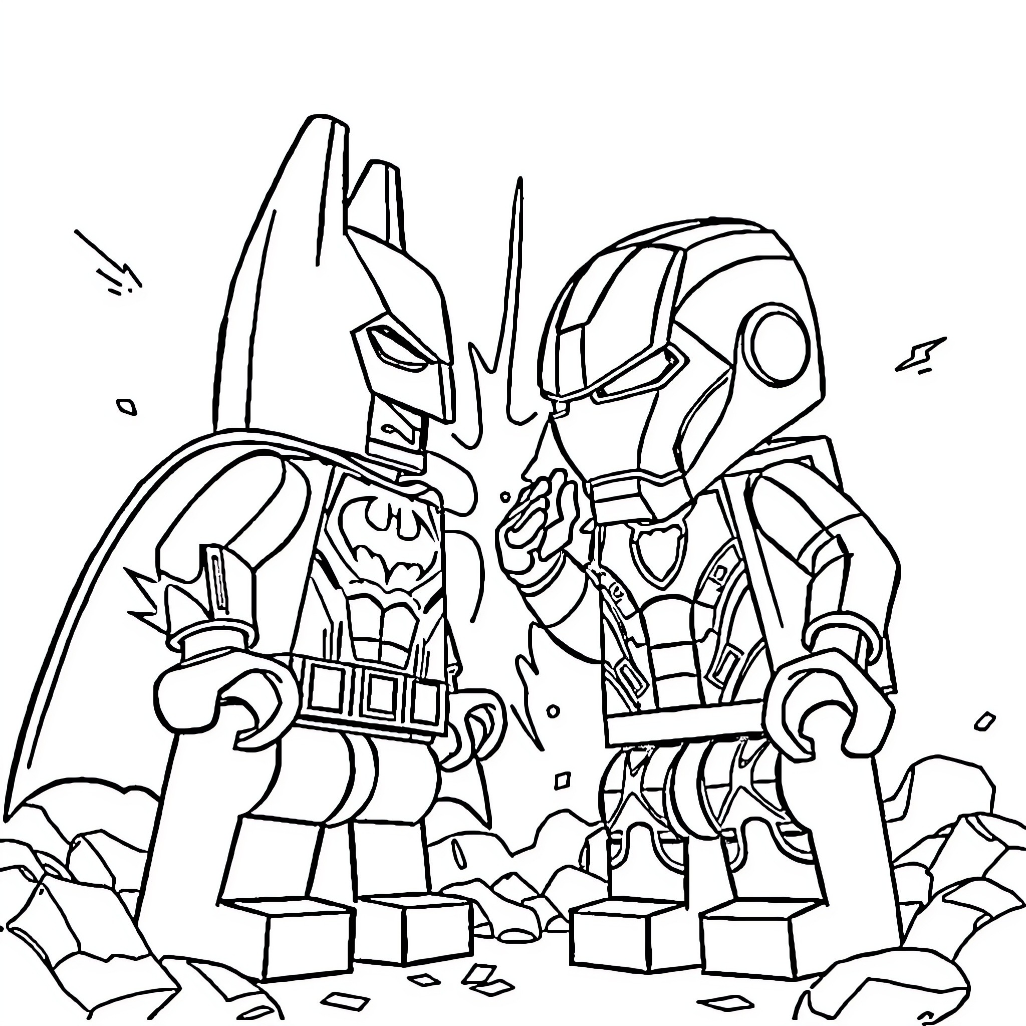 Batman and Iron Man fighting in the ruins Coloring Page (free black-and-white line drawing printable PDF for all, from beginners to advanced learners, including children, teens, adults, and seniors)