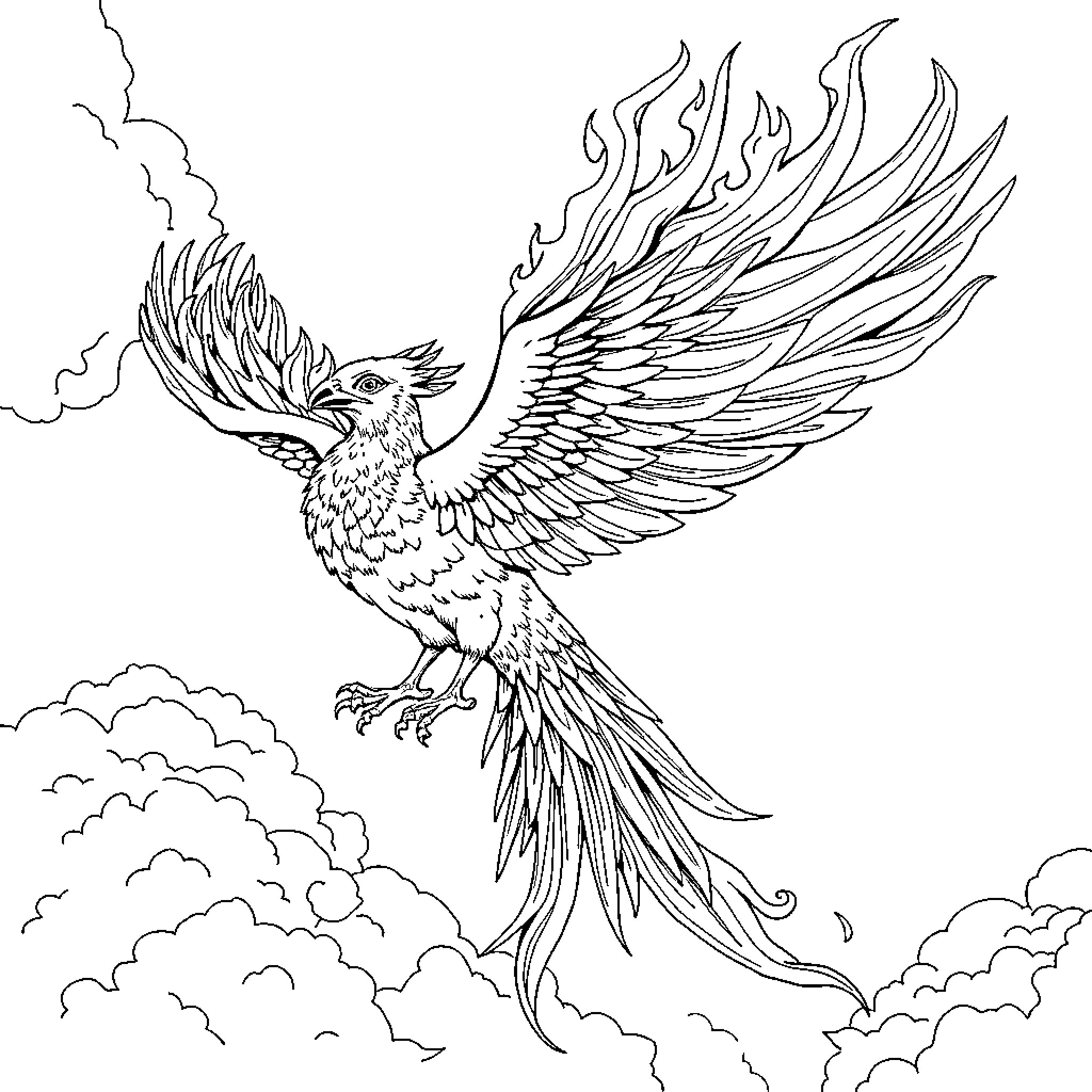 Phoenix soaring in the sky with dramatic wings Coloring Page (free black-and-white line drawing printable PDF for all, from beginners to advanced learners, including children, teens, adults, and seniors)