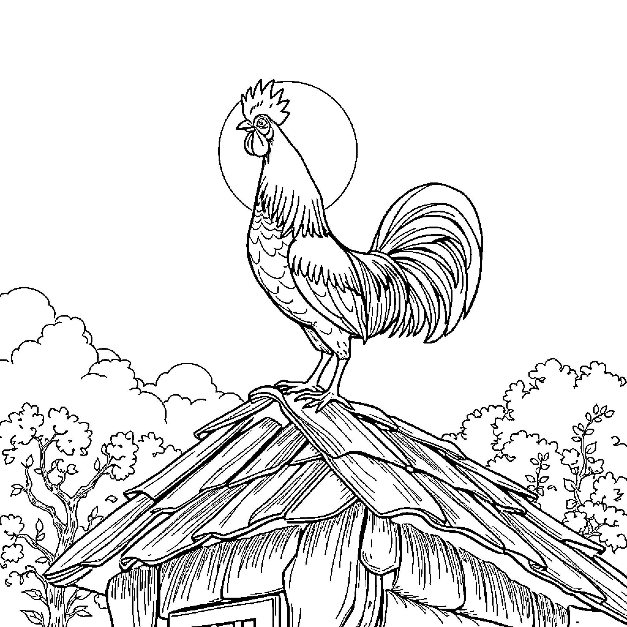 Rooster perching atop a rustic barn Coloring Page (free black-and-white line drawing printable PDF for all, from beginners to advanced learners, including children, teens, adults, and seniors)