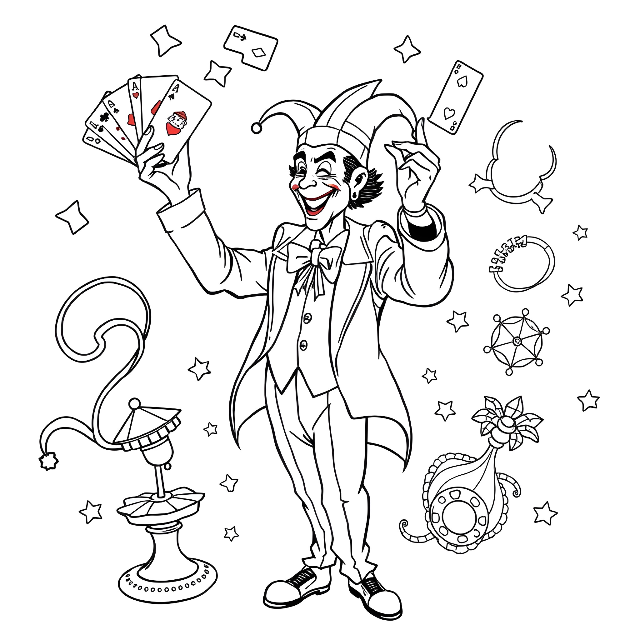 Joker performing magic tricks with cards and stars Coloring Page (free black-and-white line drawing printable PDF for all, from beginners to advanced learners, including children, teens, adults, and seniors)