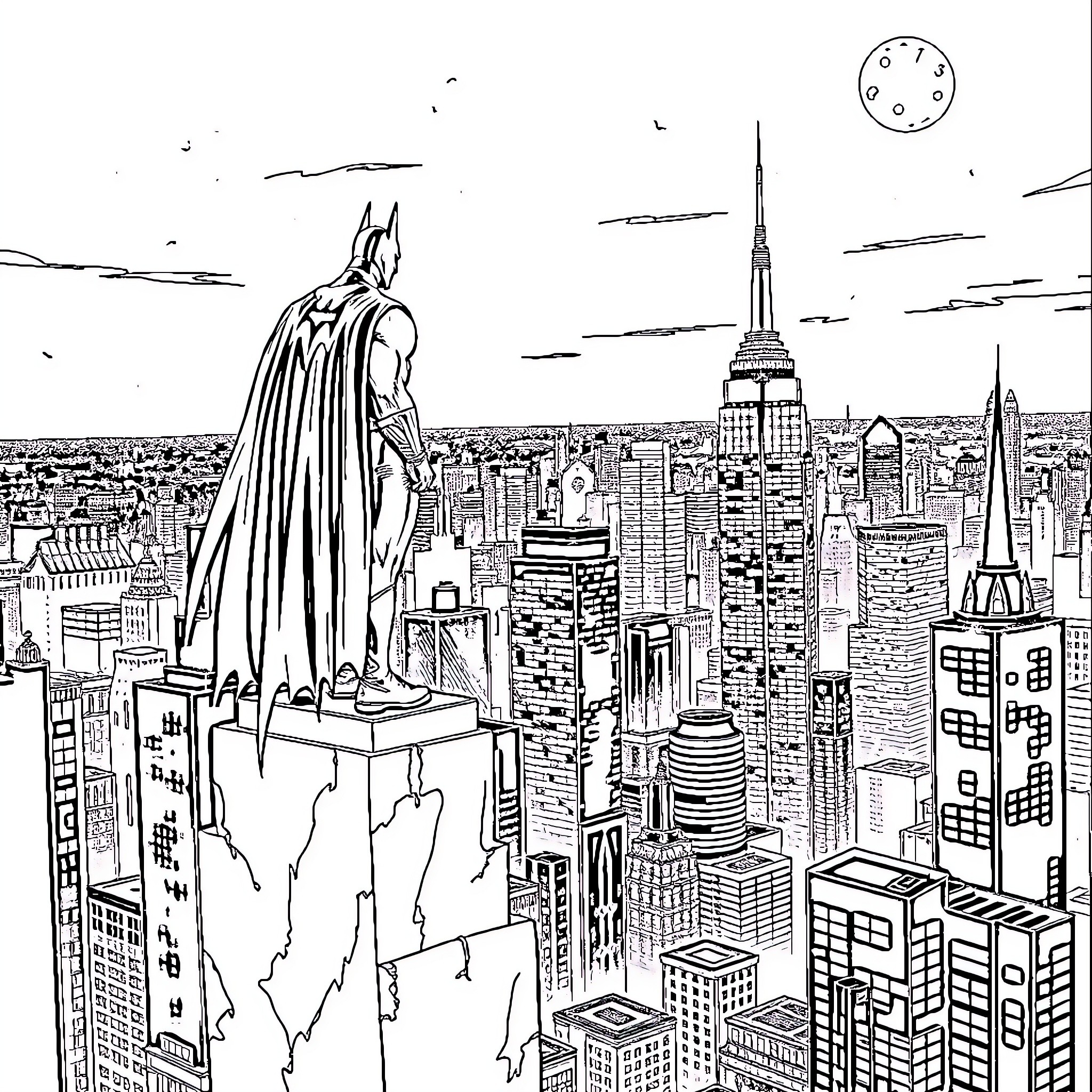 Batman overlooking Gotham City skyline at night Coloring Page (free black-and-white line drawing printable PDF for all, from beginners to advanced learners, including children, teens, adults, and seniors)