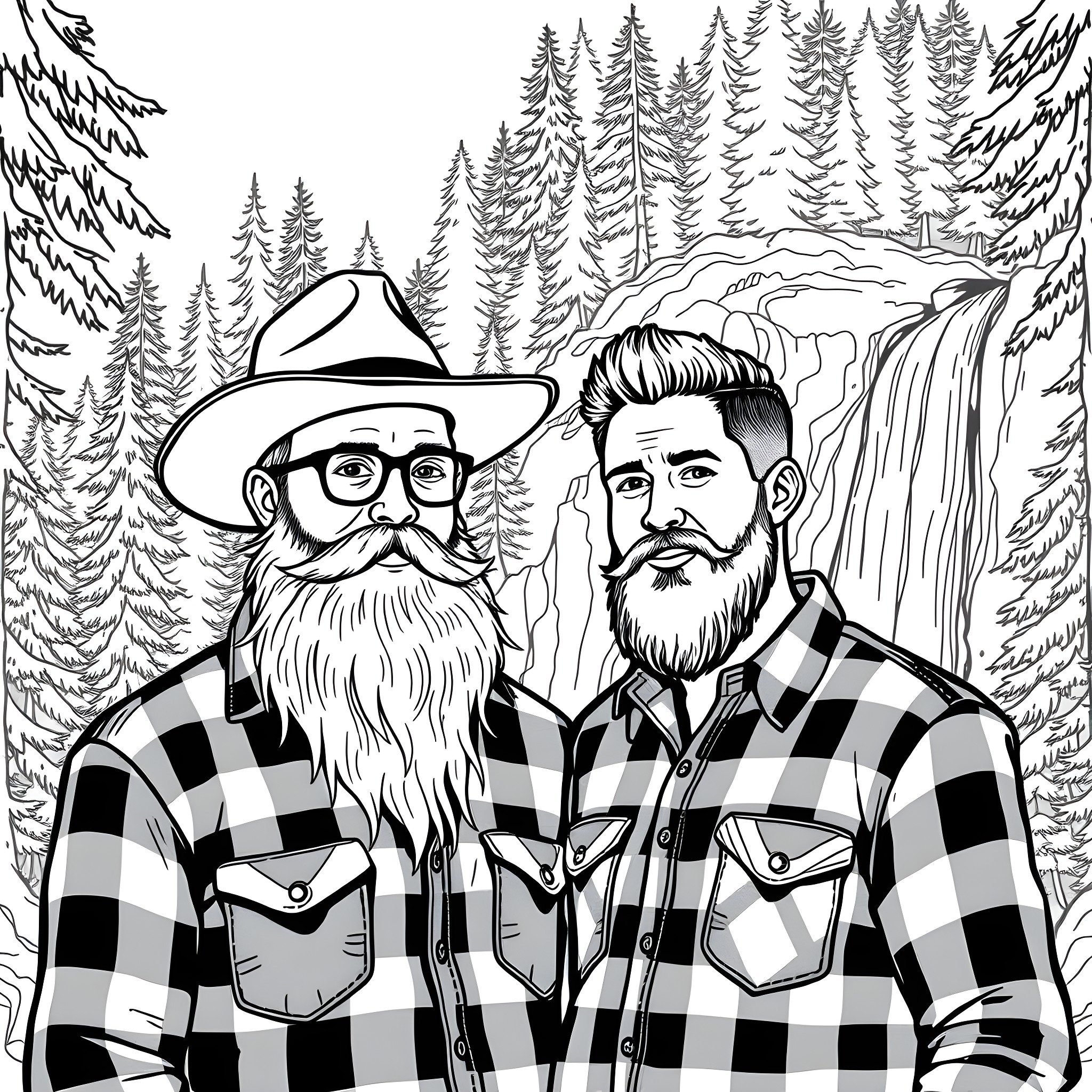 Man in hat and bearded man in plaid shirt exploring nature Coloring Page (free black-and-white line drawing printable PDF for all, from beginners to advanced learners, including children, teens, adults, and seniors)