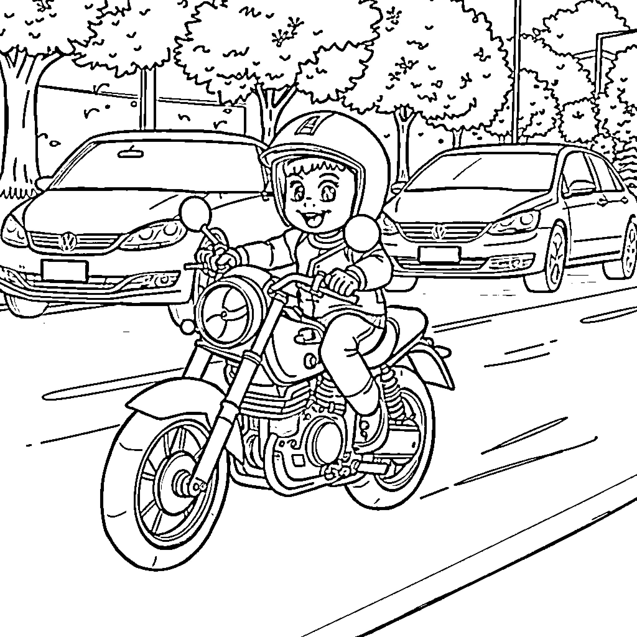 Baby riding motorcycle on street Coloring Page (free black-and-white line drawing printable PDF for all, from beginners to advanced learners, including children, teens, adults, and seniors)