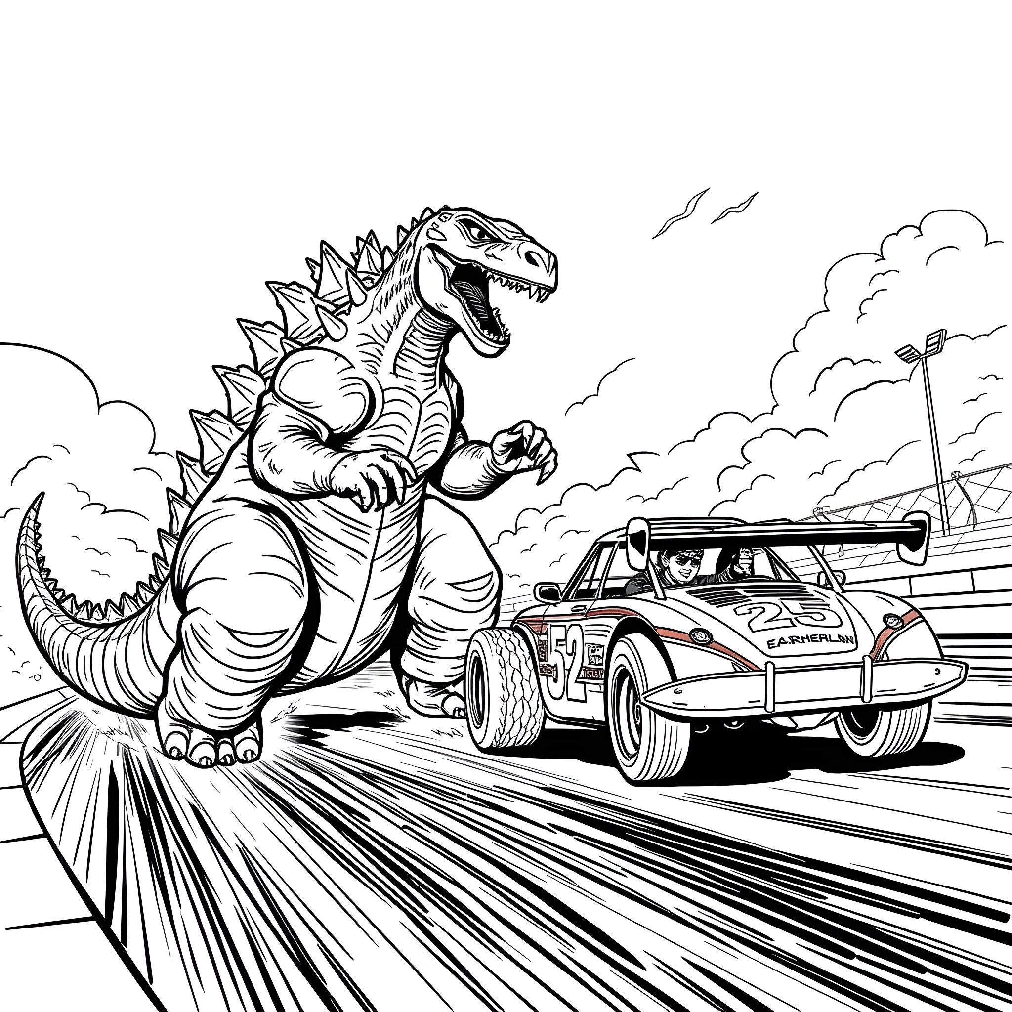 Godzilla chasing a car on the road Coloring Page (free black-and-white line drawing printable PDF for all, from beginners to advanced learners, including children, teens, adults, and seniors)
