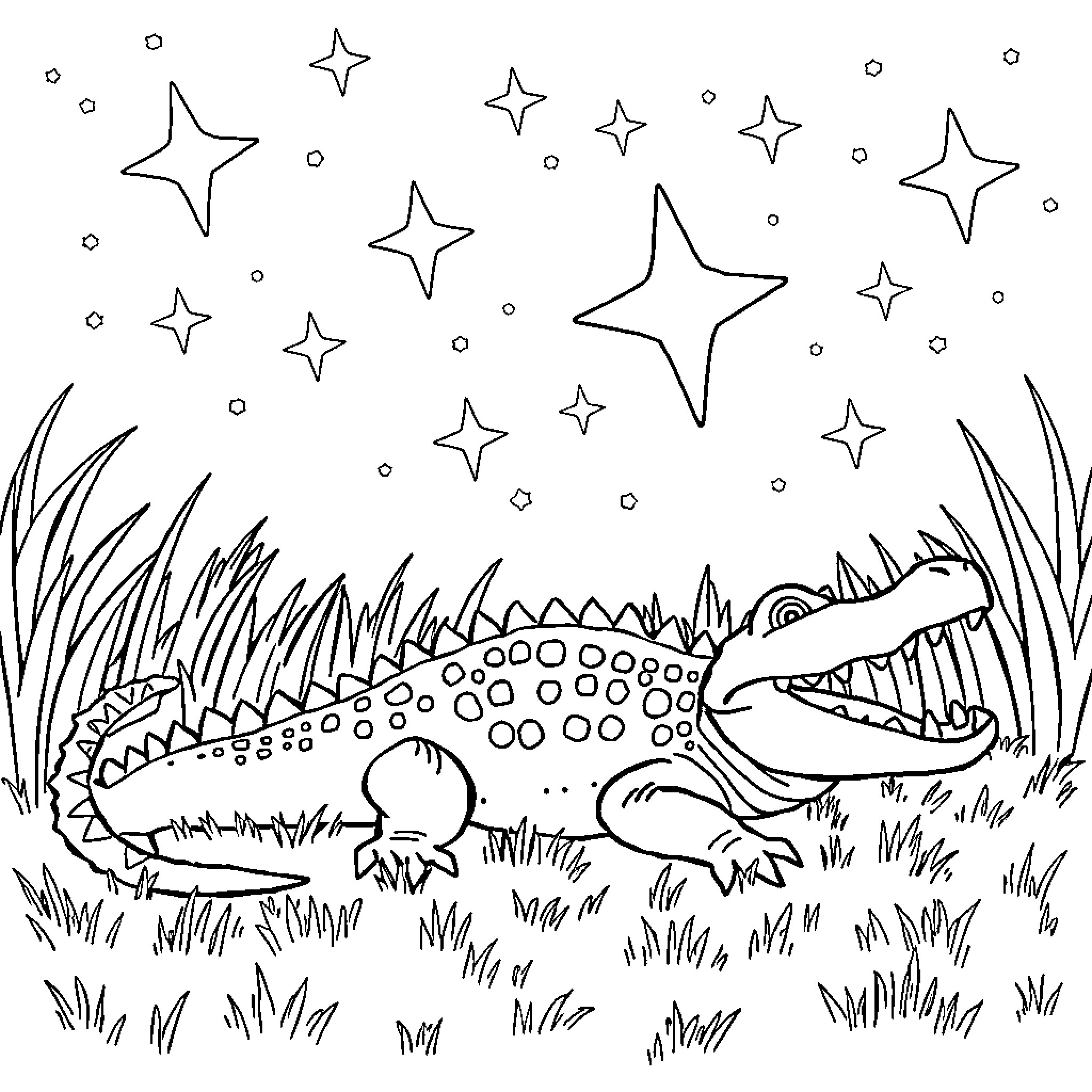 Crocodile resting under starry night sky Coloring Page (free black-and-white line drawing printable PDF for all, from beginners to advanced learners, including children, teens, adults, and seniors)