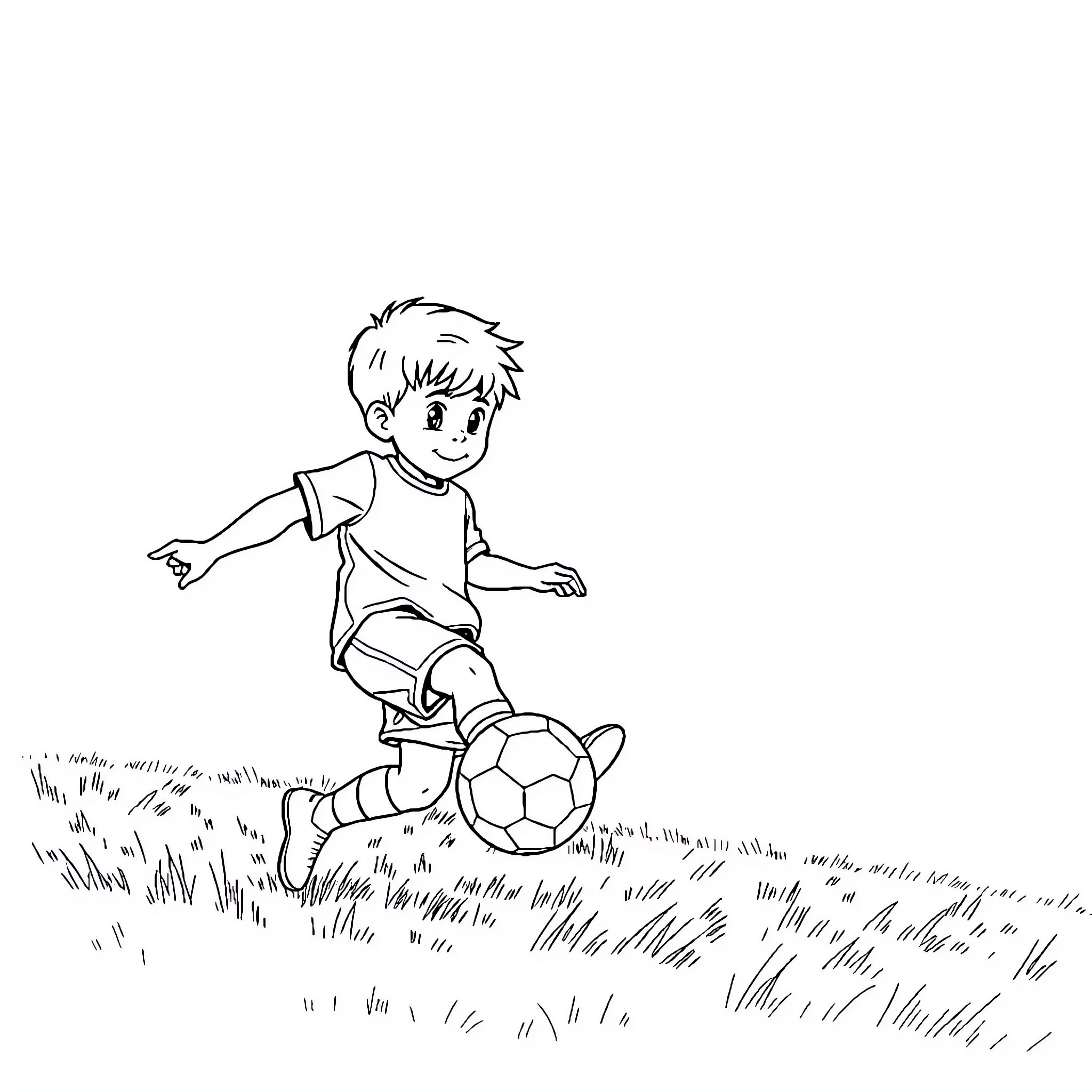 Kid playing with soccer ball in field Coloring Page (free black-and-white line drawing printable PDF for all, from beginners to advanced learners, including children, teens, adults, and seniors)