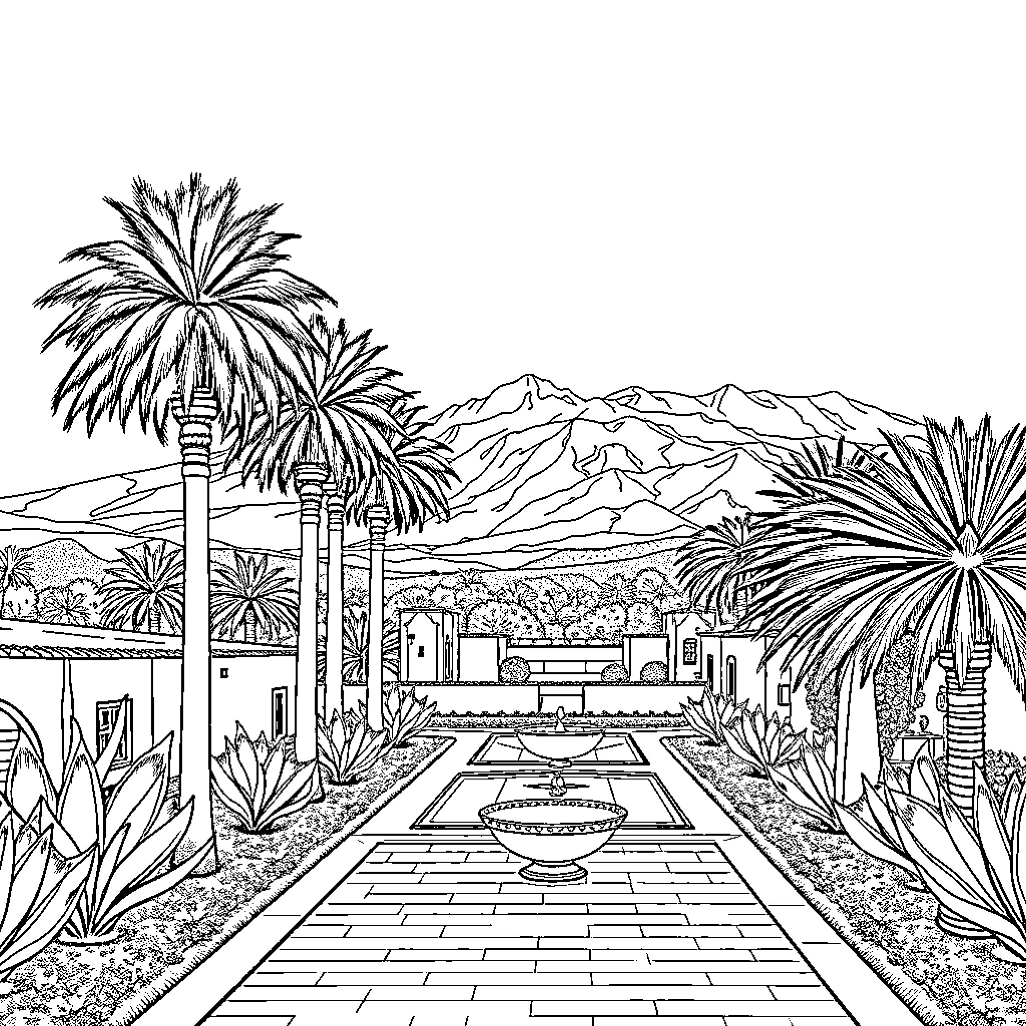Menara of tranquil palace gardens Coloring Page (free black-and-white line drawing printable PDF for all, from beginners to advanced learners, including children, teens, adults, and seniors)