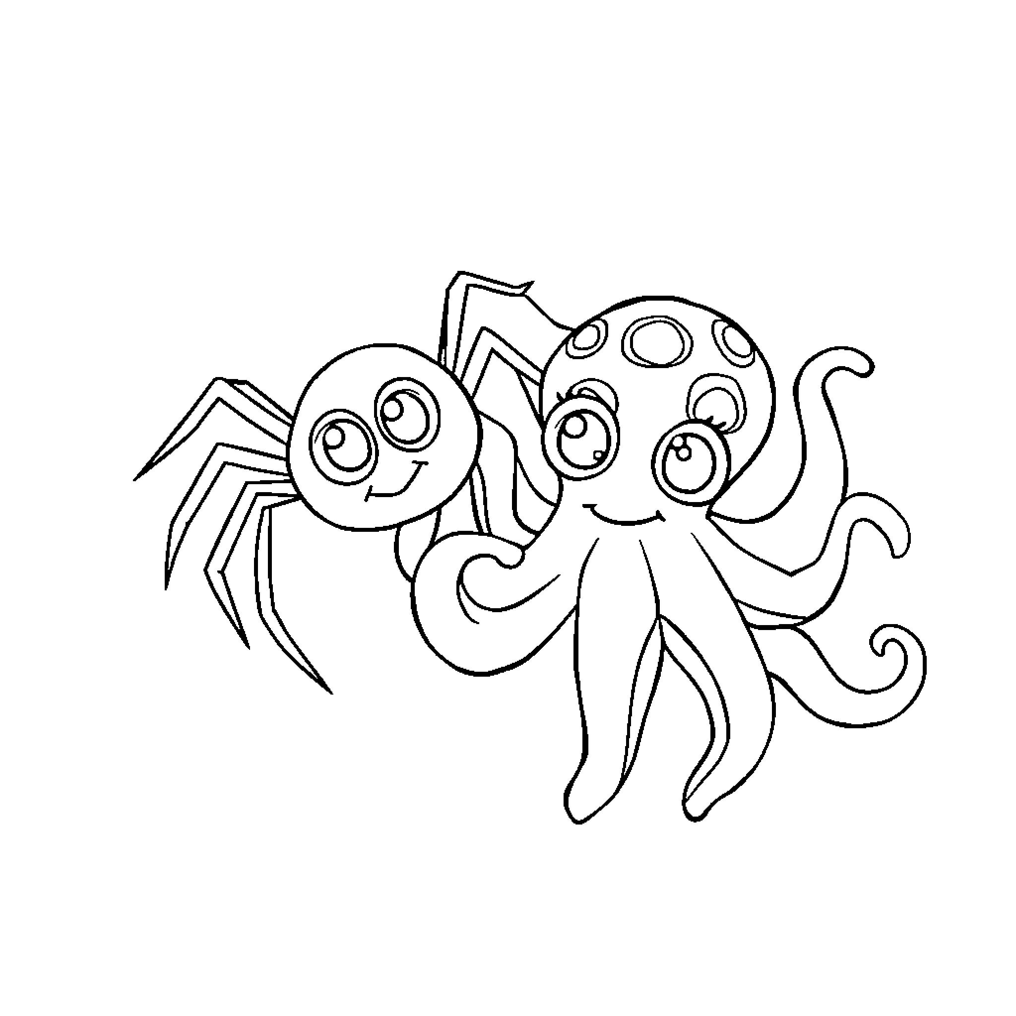Spider and Octopus Playing Together Coloring Page (free black-and-white line drawing printable PDF for all, from beginners to advanced learners, including children, teens, adults, and seniors)