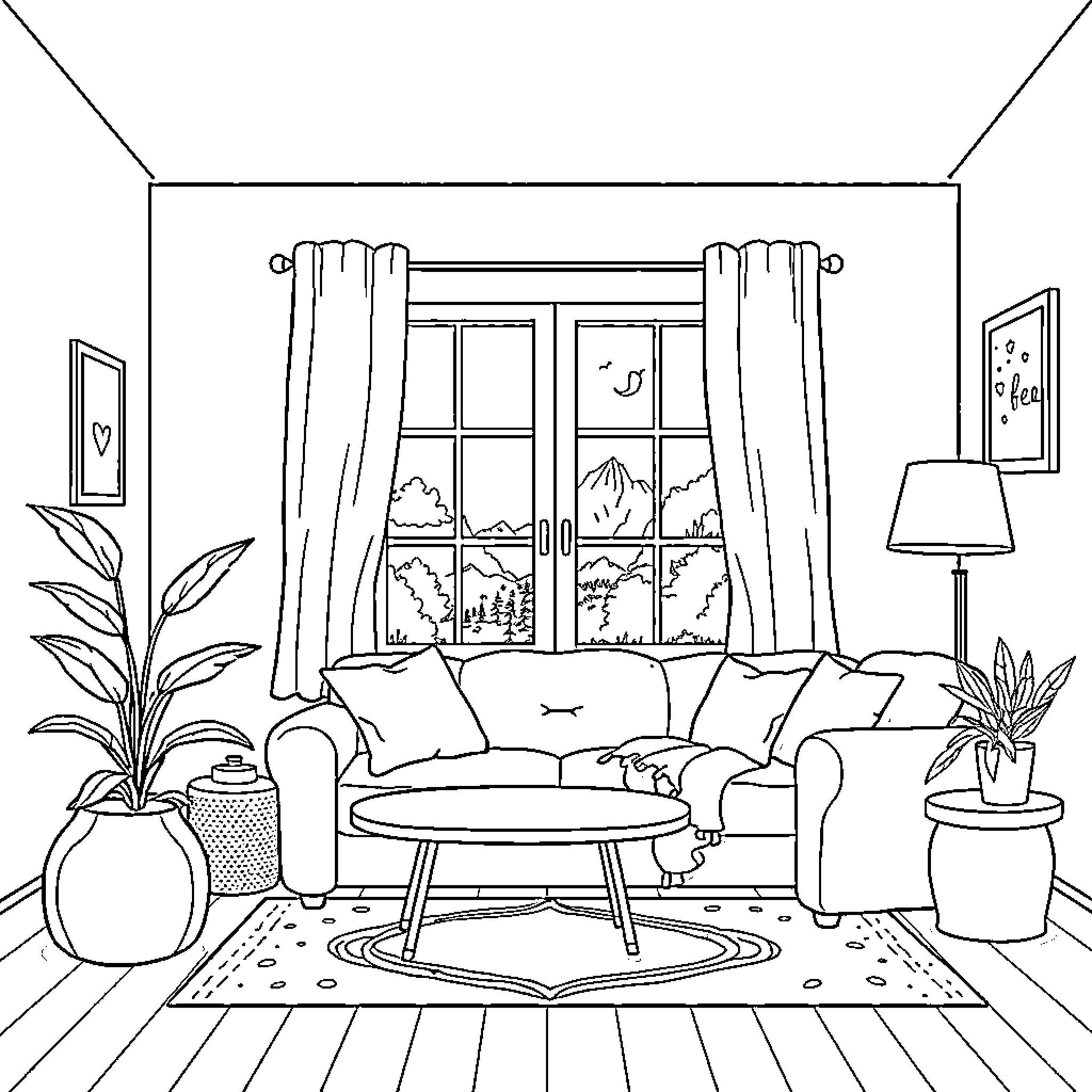 Mental Health: Cozy Living Room Escapade Coloring Page (free black-and-white line drawing printable PDF for all, from beginners to advanced learners, including children, teens, adults, and seniors)