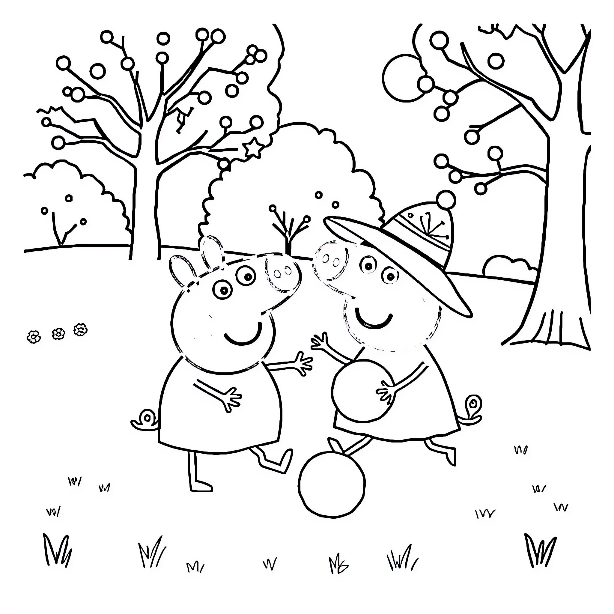 Peppa Pig and friend playing outdoors Coloring Page (free black-and-white line drawing printable PDF for all, from beginners to advanced learners, including children, teens, adults, and seniors)