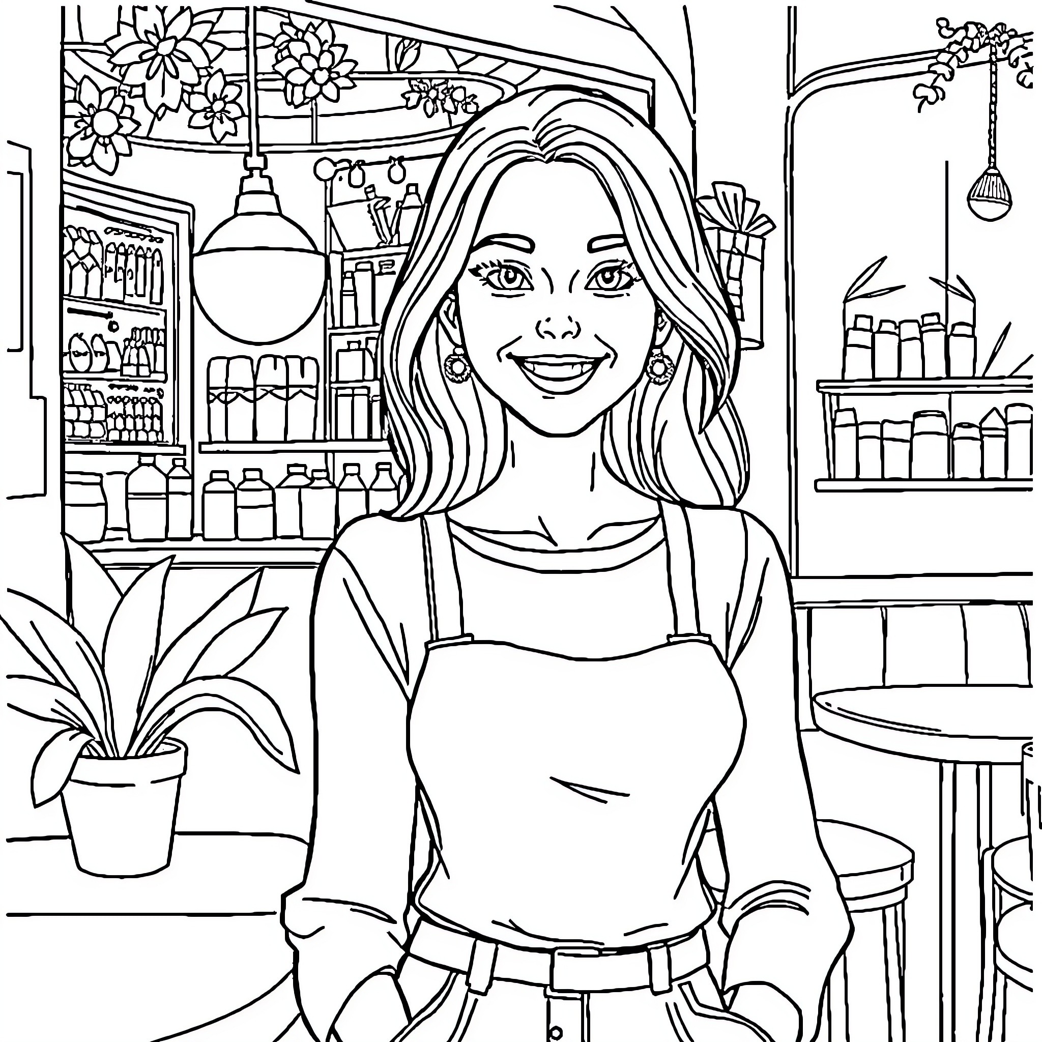 Gigi's Sunny Day in the Flower Shop Coloring Page (free black-and-white line drawing printable PDF for all, from beginners to advanced learners, including children, teens, adults, and seniors)