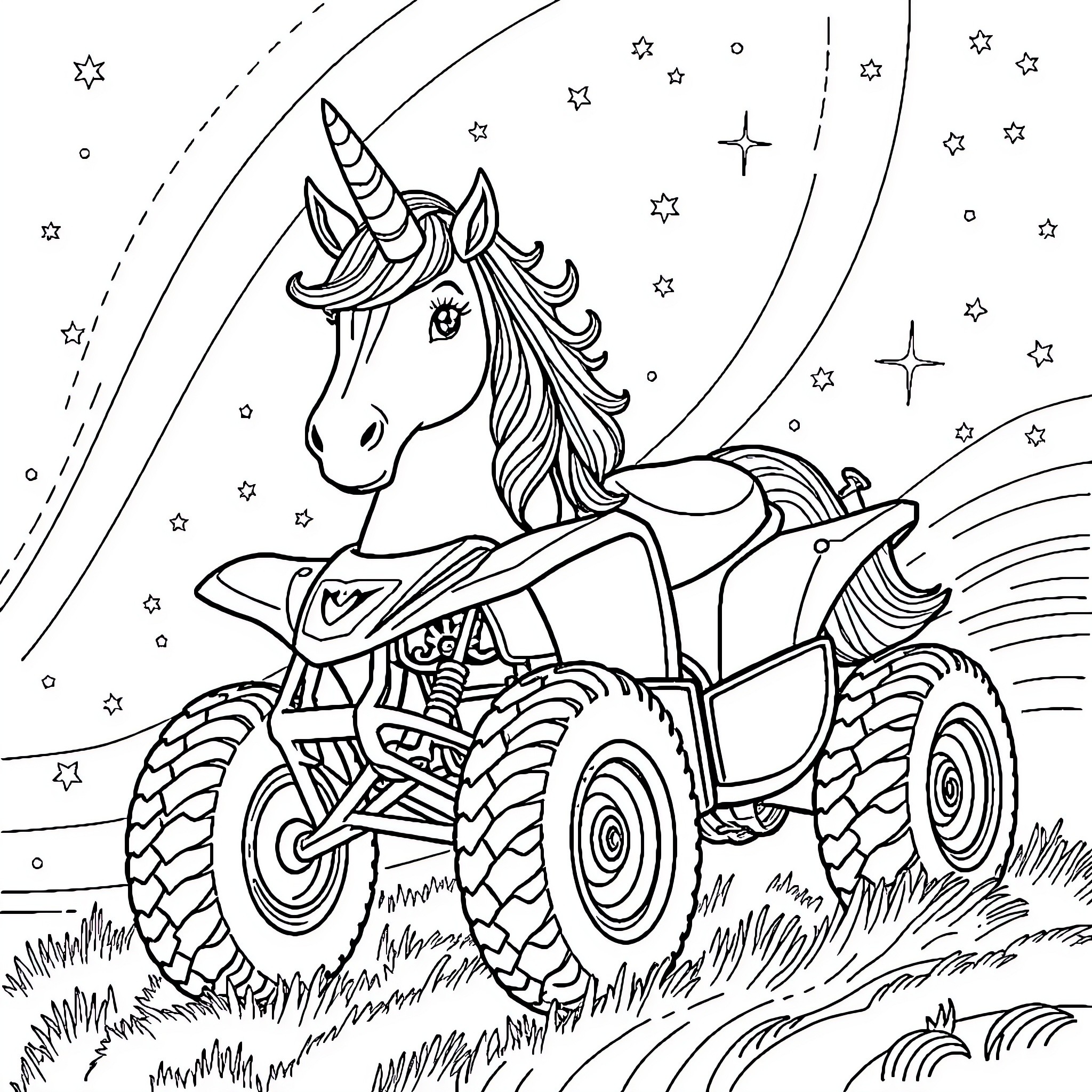 Unicorn riding an adventurous ATV in the starry night Coloring Page (free black-and-white line drawing printable PDF for all, from beginners to advanced learners, including children, teens, adults, and seniors)