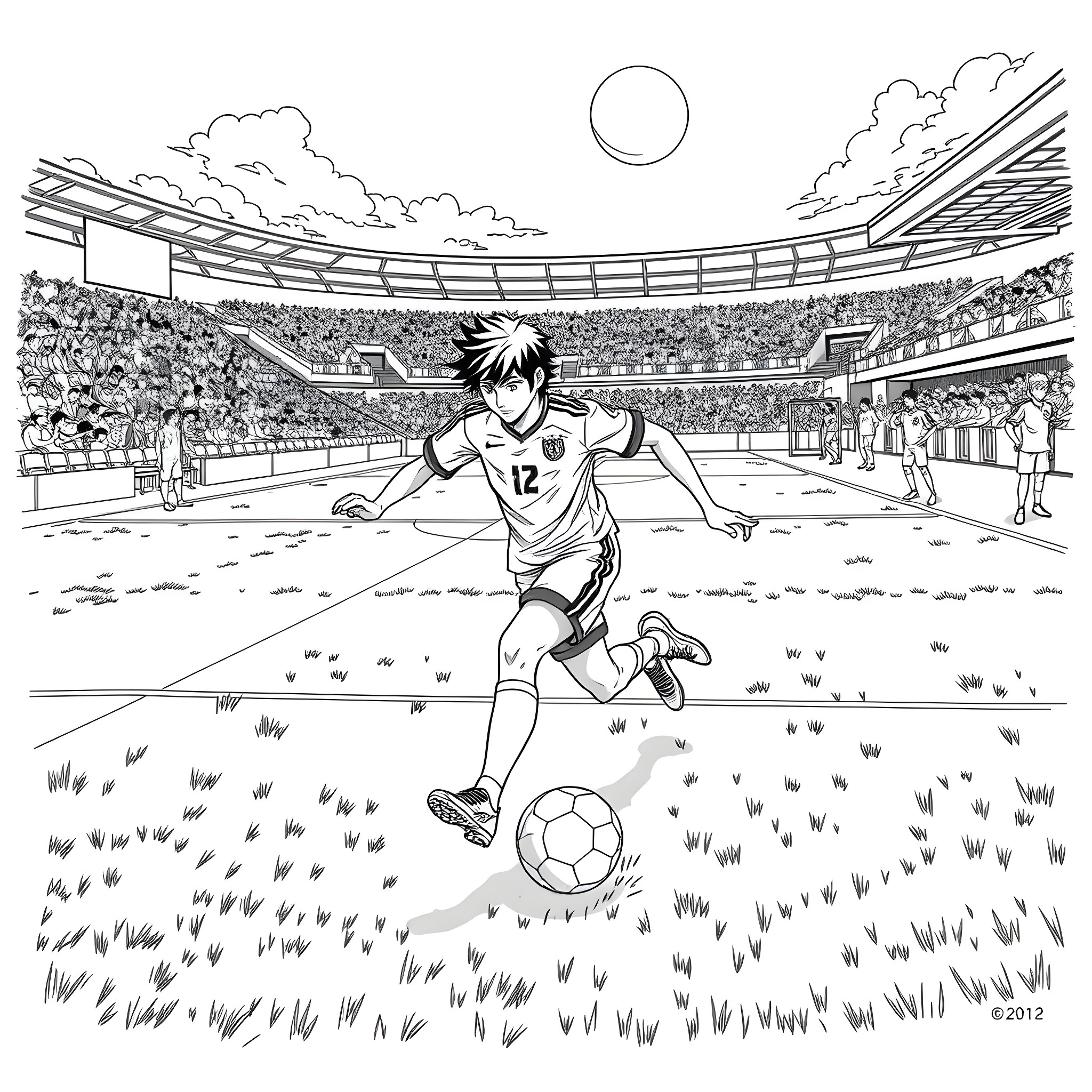 Tsubasa playing soccer in the stadium Coloring Page (free black-and-white line drawing printable PDF for all, from beginners to advanced learners, including children, teens, adults, and seniors)