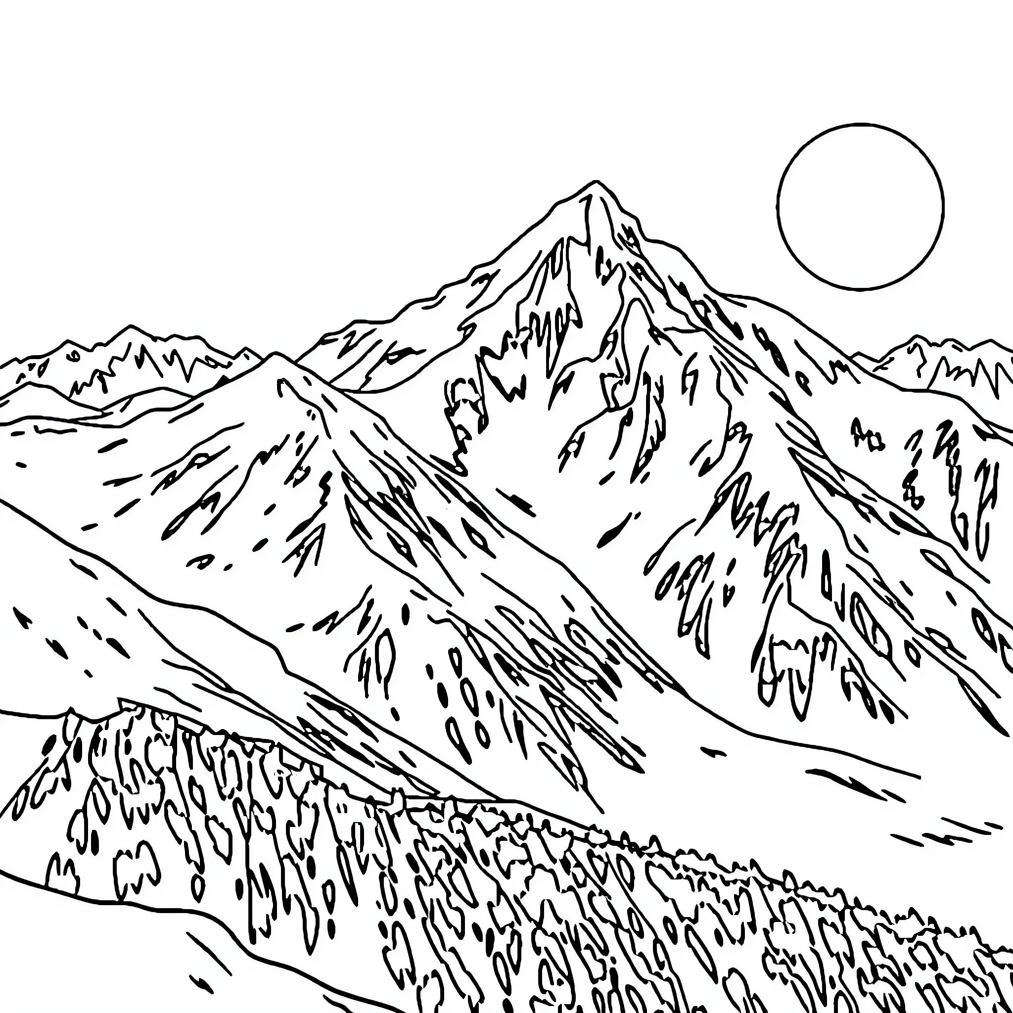 Mountain Landscape with Winding Trail Coloring Page (free black-and-white line drawing printable PDF for all, from beginners to advanced learners, including children, teens, adults, and seniors)