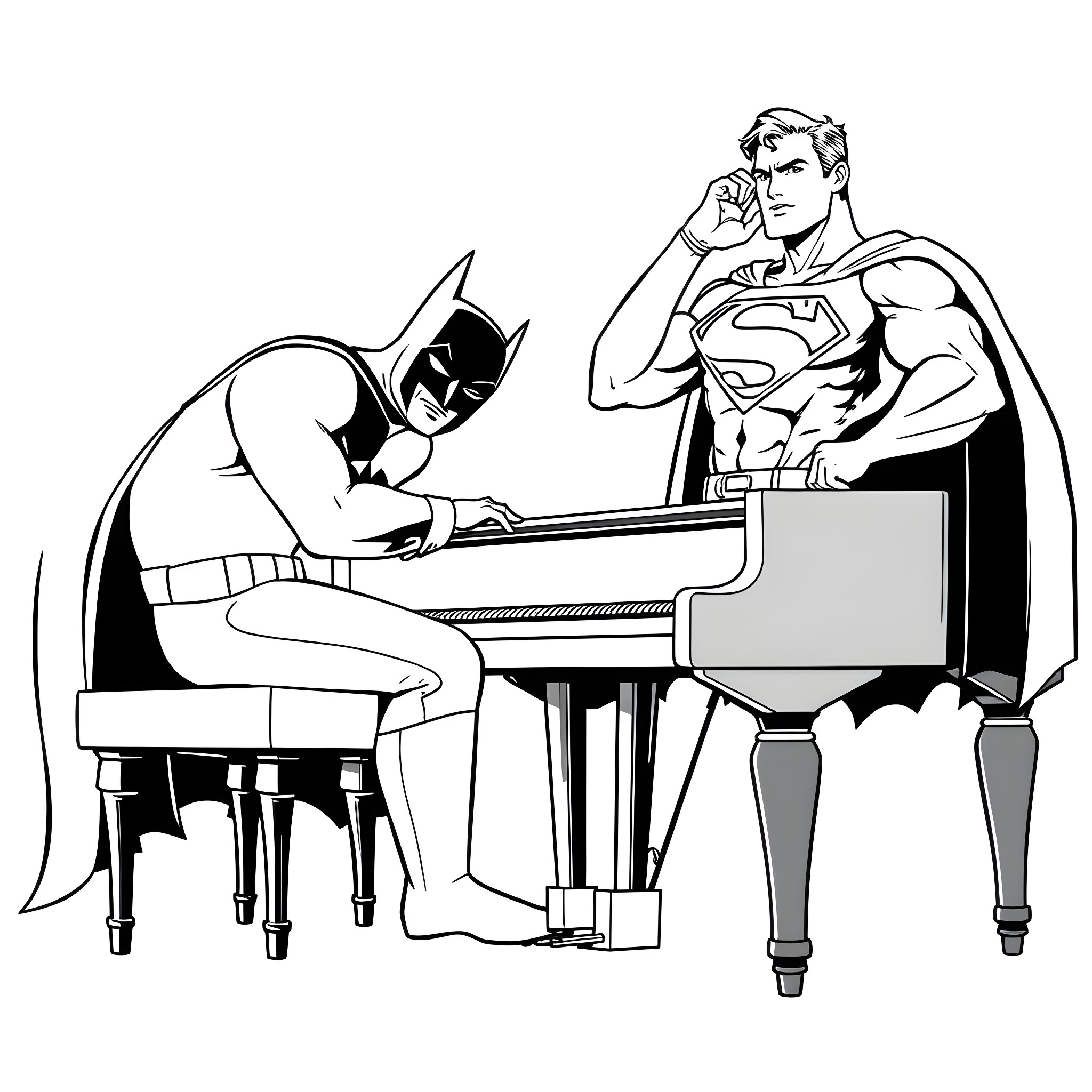 Batman and Superman playing piano together Coloring Page (free black-and-white line drawing printable PDF for all, from beginners to advanced learners, including children, teens, adults, and seniors)