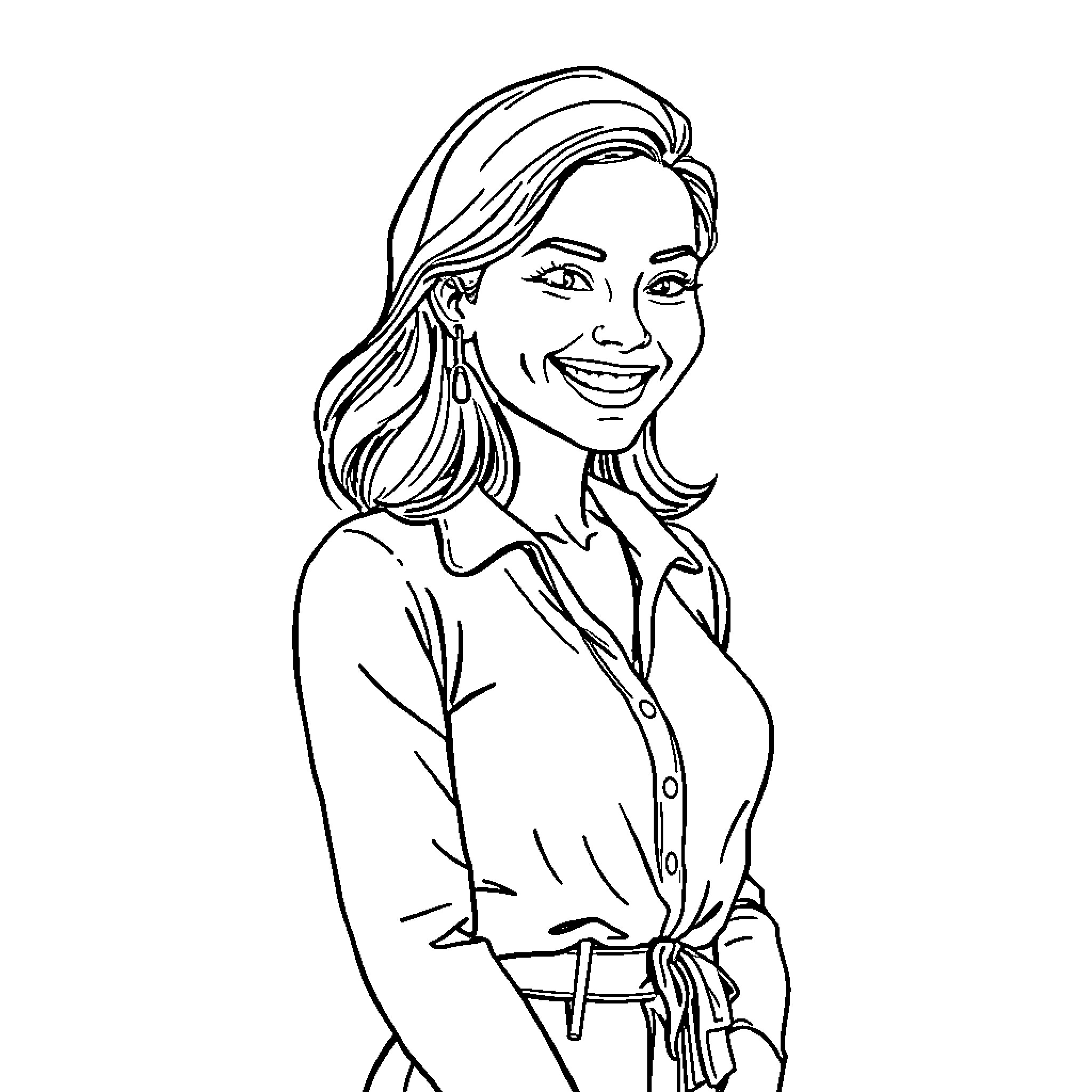 Woman in casual attire smiling confidently Coloring Page (free black-and-white line drawing printable PDF for all, from beginners to advanced learners, including children, teens, adults, and seniors)