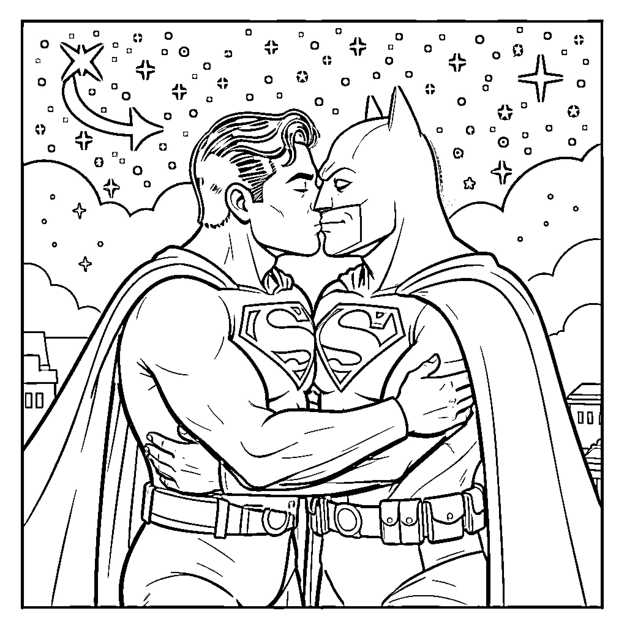 Superman and Batman embrace under the starry sky Coloring Page (free black-and-white line drawing printable PDF for all, from beginners to advanced learners, including children, teens, adults, and seniors)