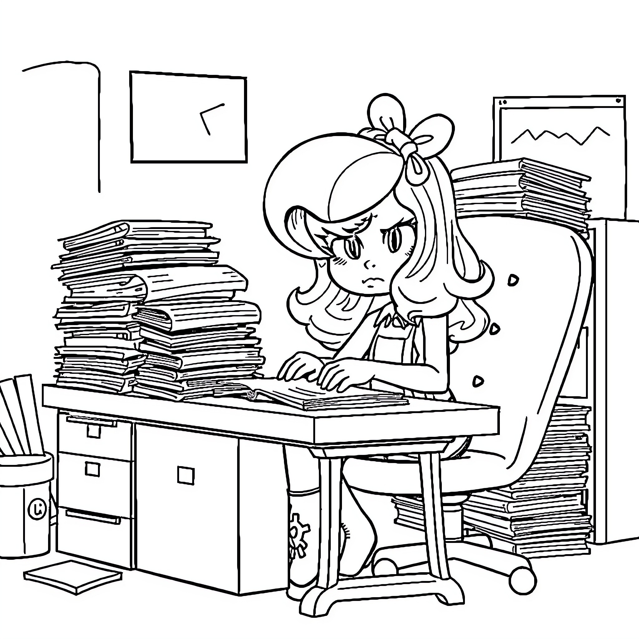 Rainbow Brite working diligently at her desk Coloring Page (free black-and-white line drawing printable PDF for all, from beginners to advanced learners, including children, teens, adults, and seniors)