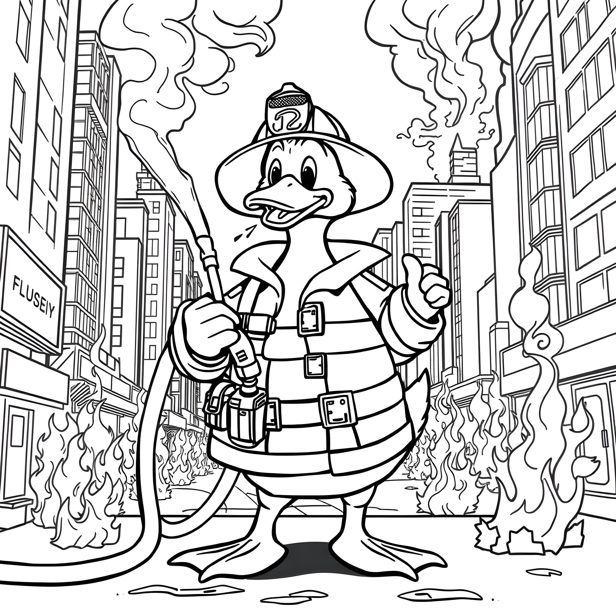 Firefighter Duck Bravely Battles Flames in the City Coloring Page (free black-and-white line drawing printable PDF for all, from beginners to advanced learners, including children, teens, adults, and seniors)