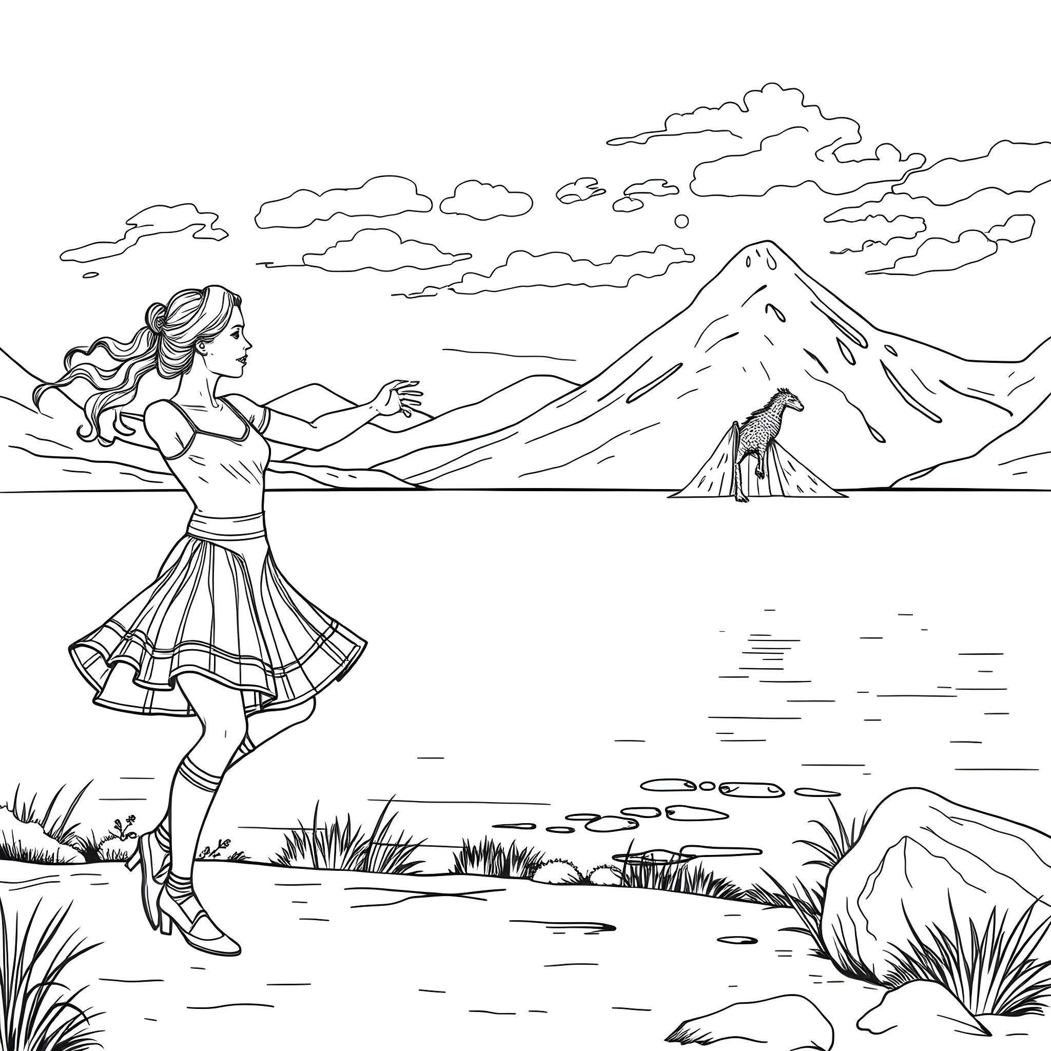 Dancer performing with mountain landscape Coloring Page (free black-and-white line drawing printable PDF for all, from beginners to advanced learners, including children, teens, adults, and seniors)