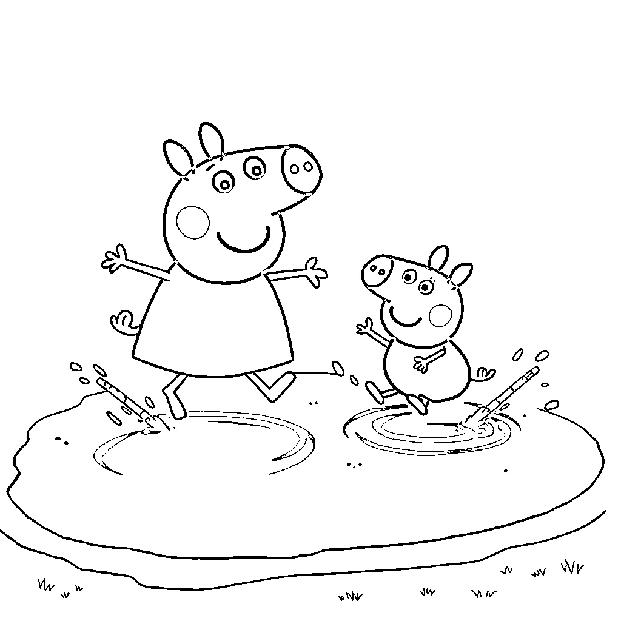 Peppa Pig and Suzy Sheep playing happily in the park Coloring Page (free black-and-white line drawing printable PDF for all, from beginners to advanced learners, including children, teens, adults, and seniors)