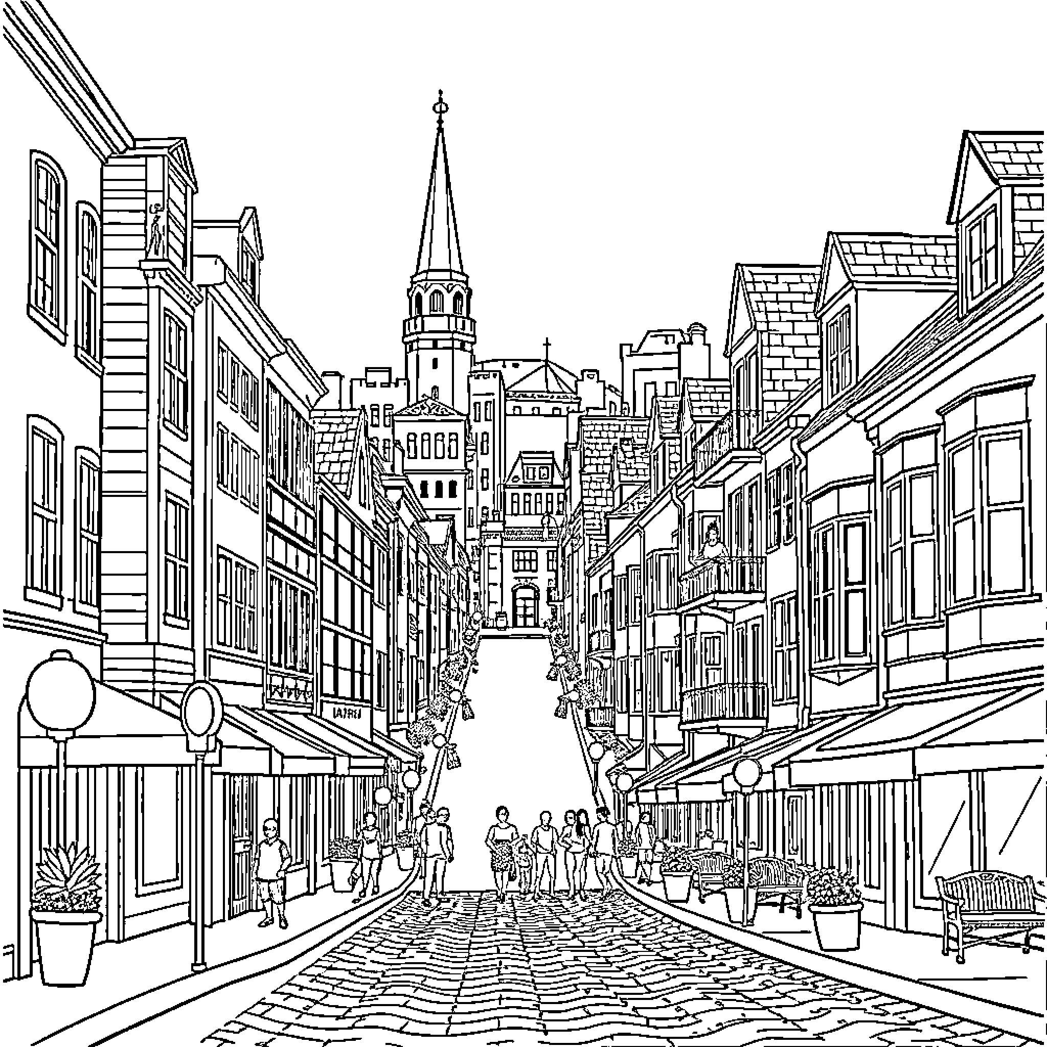 Bayonne cityscape with bustling streets and historic architecture Coloring Page (free black-and-white line drawing printable PDF for all, from beginners to advanced learners, including children, teens, adults, and seniors)